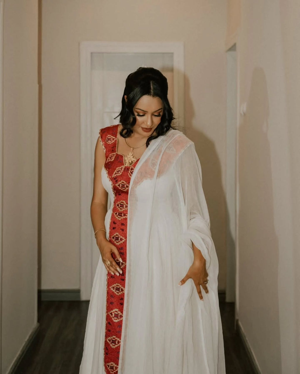 HABESHA KEMIS – WHITE & RED TRADITIONAL ETHIOPIAN DRESS