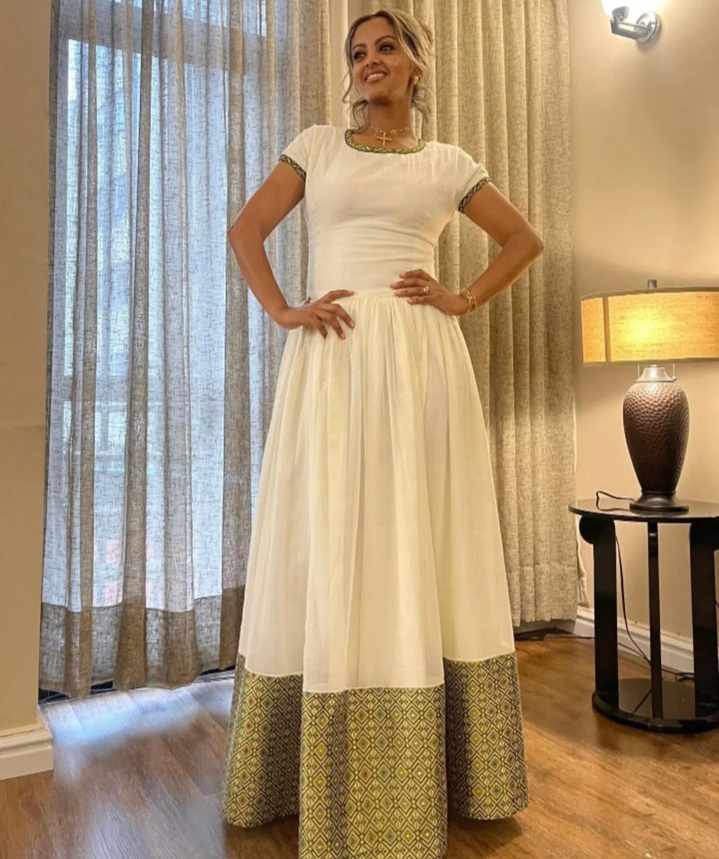 GETENESH ETHIOPIAN TRADITIONAL DRESS COLLECTION | AUTHENTIC HABESHA KEMIS STYLE | GREEN WOVEN HABESHA DRESS