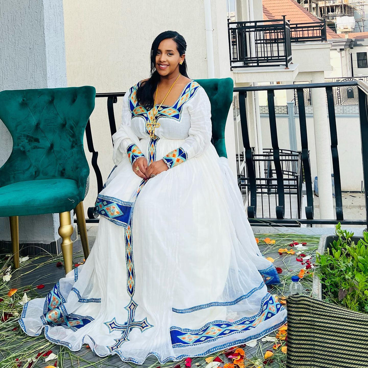 TSEGANESH GRACEFUL WHITE HABESHA KEMIS | BLUE AND GOLD EMBROIDERY HABESHA DRESS | ETHIOPIAN CLOTHING