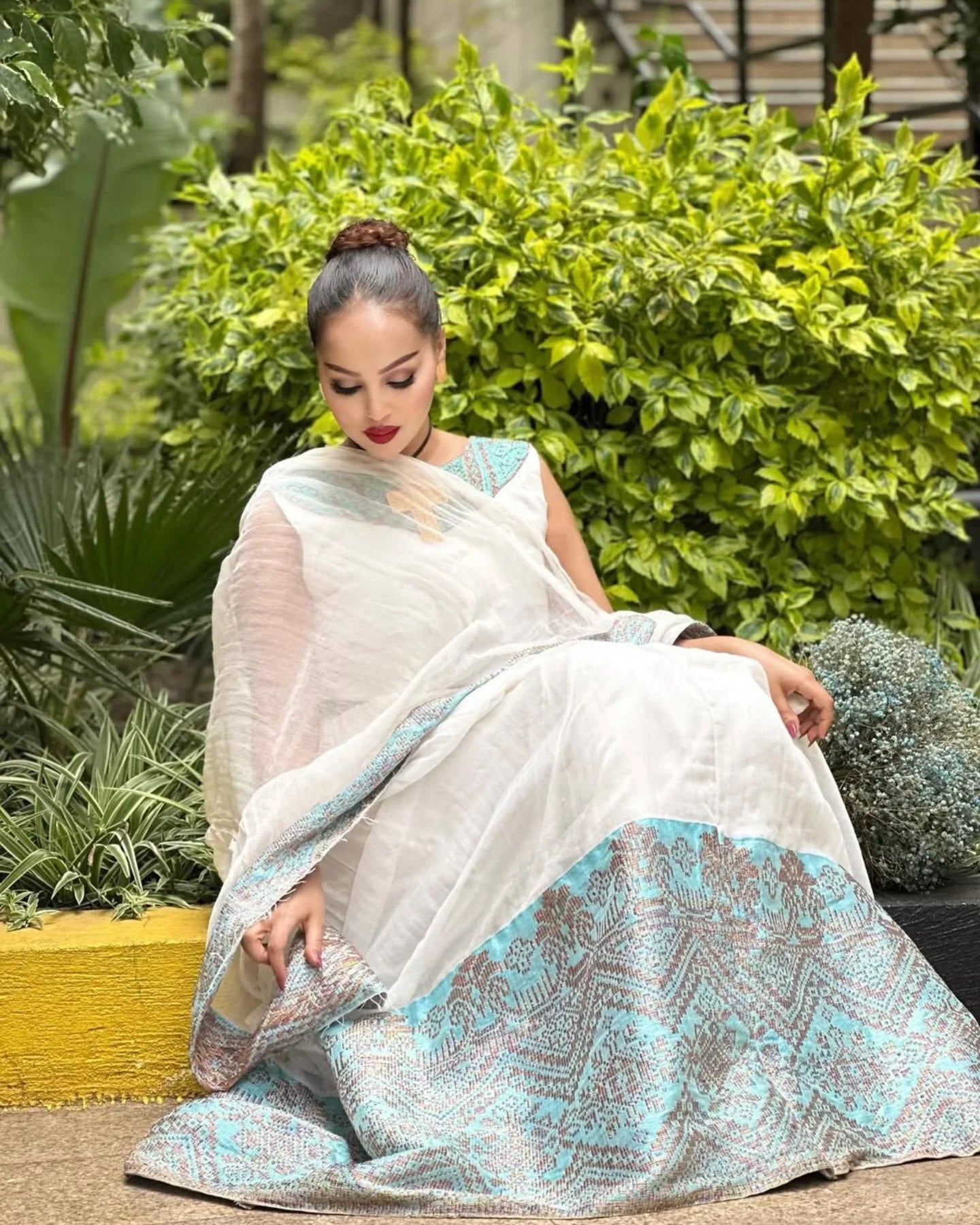 FANA GRACEFUL HANDWOVEN HABESHA KEMIS | TURQUOISE AND GOLD EMBROIDERY HABESHA DRESSS | ETHIOPIAN TRADITIONAL DRESS