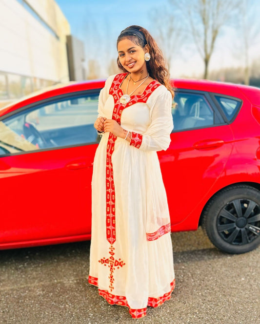 RED EMBROIDERED ETHIO-HERITAGE KEMIS COLLECTION