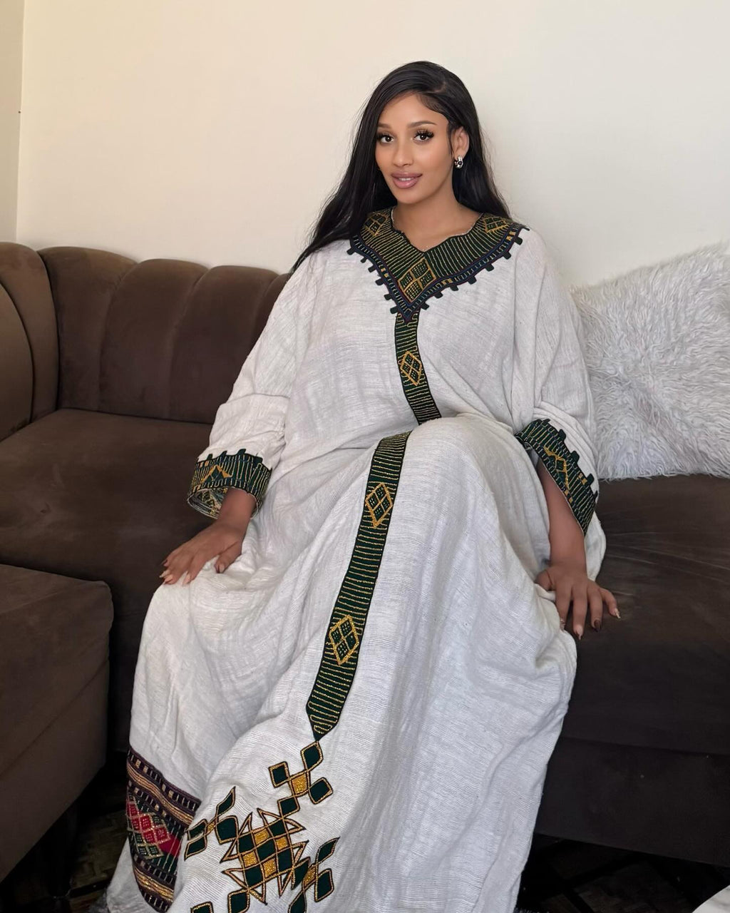 AMSAL HANDWOVEN HABESHA KEMIS | TRADITIONAL ETHIOPIAN/ERITREAN DRESS | DEEP GREEN AND GOLD HABESHA DRESS