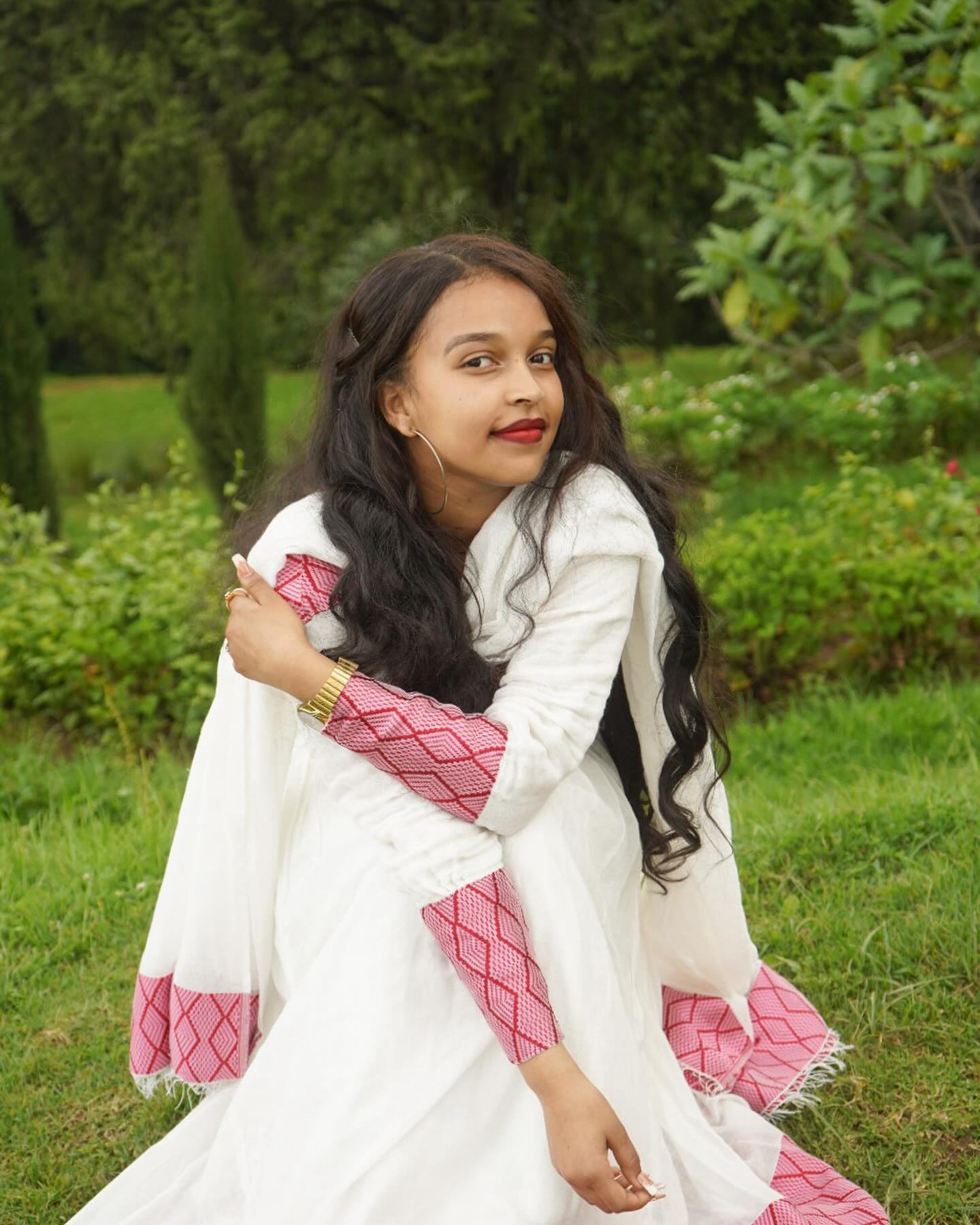 LETESENBET ROMANTIC WHITE HABESHA KEMIS | RED/PINK EMBROIDERY HABESHA DRESS | ETHIOPIAN CLOTHING