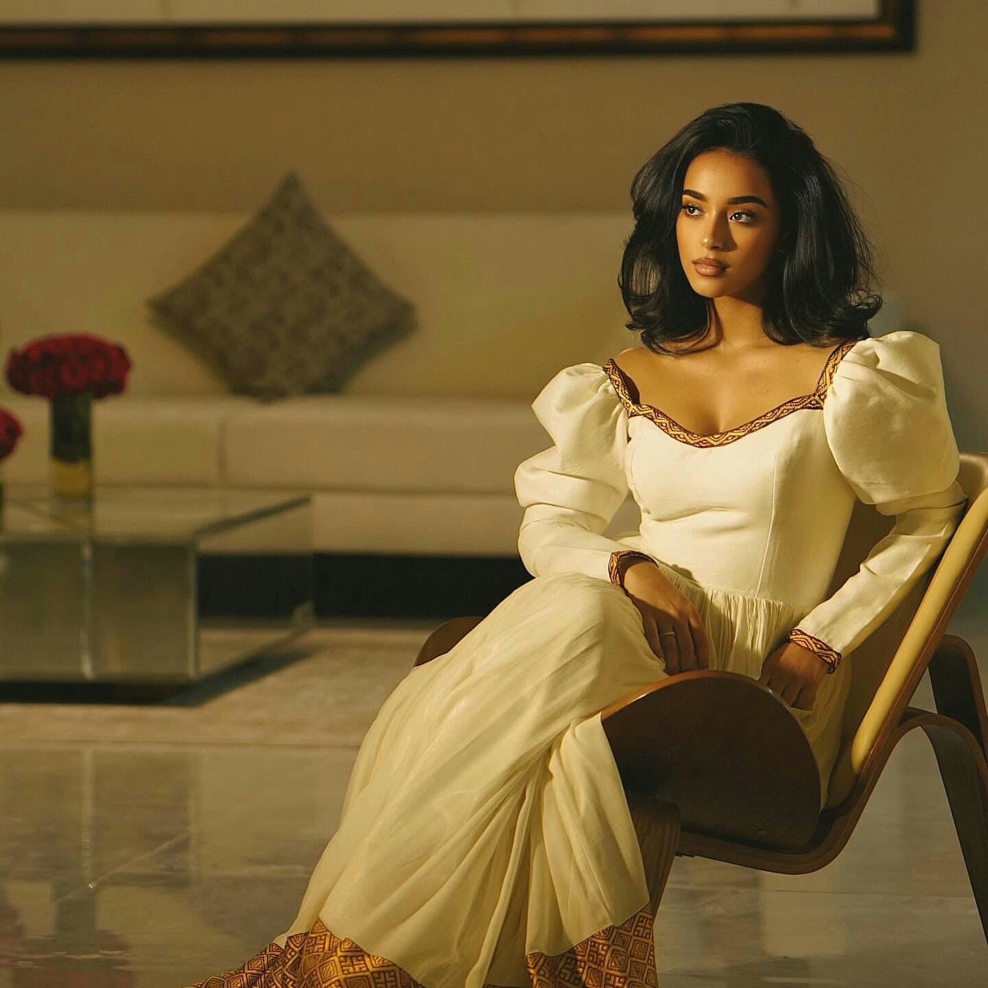 MIRTE ELEGANT ETHIOPIAN TRADITIONAL DRESS | GOLD HEM HABESHA KEMIS | PUFF SLEEVE HABESHA DRESS