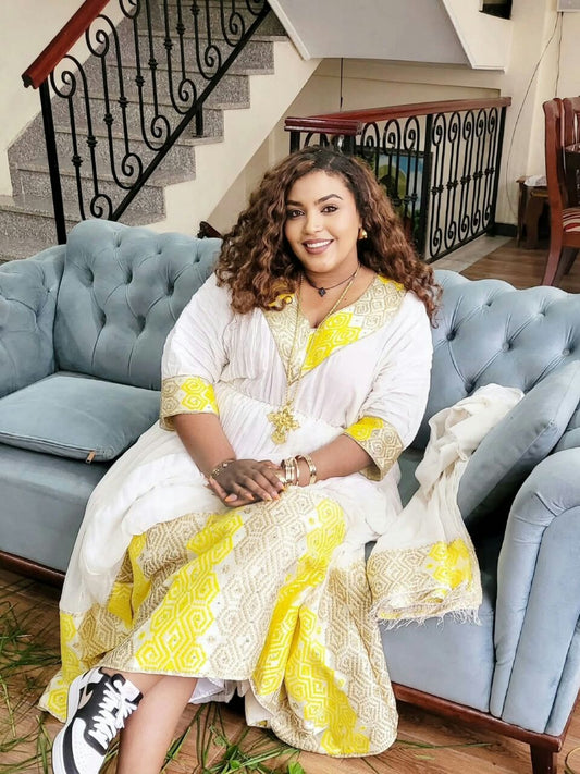 BUY YELLOW & GOLD HABESHA KEMIS ONLINE | ETHIOPIAN DRESS