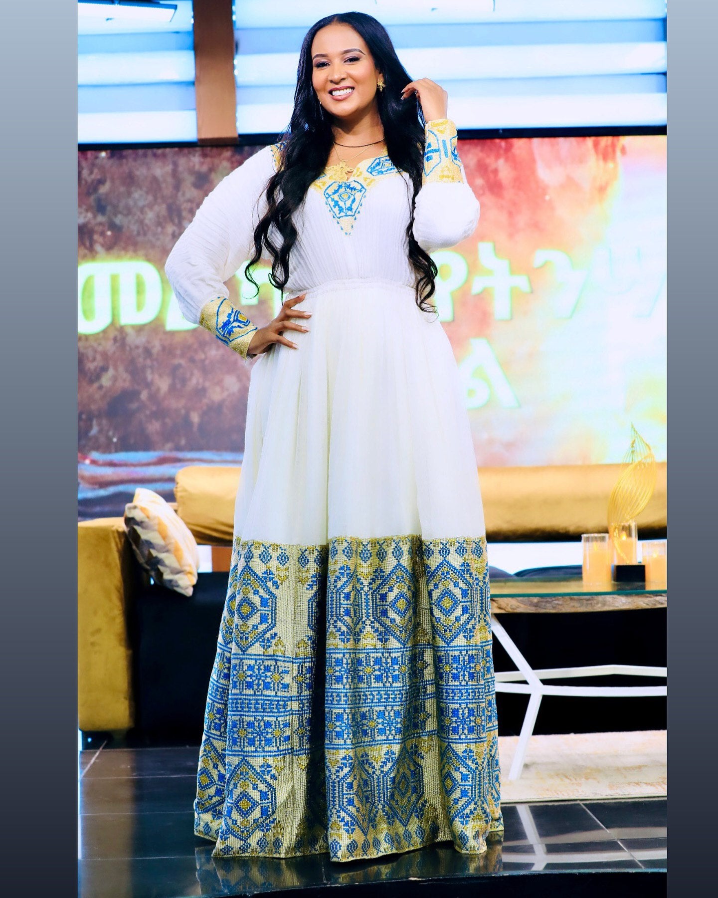 ELEGANT HABESHA KEMIS | BLUE & GOLD HABESHA DRESS | AUTHENTIC ETHIOPIAN CLOTHING