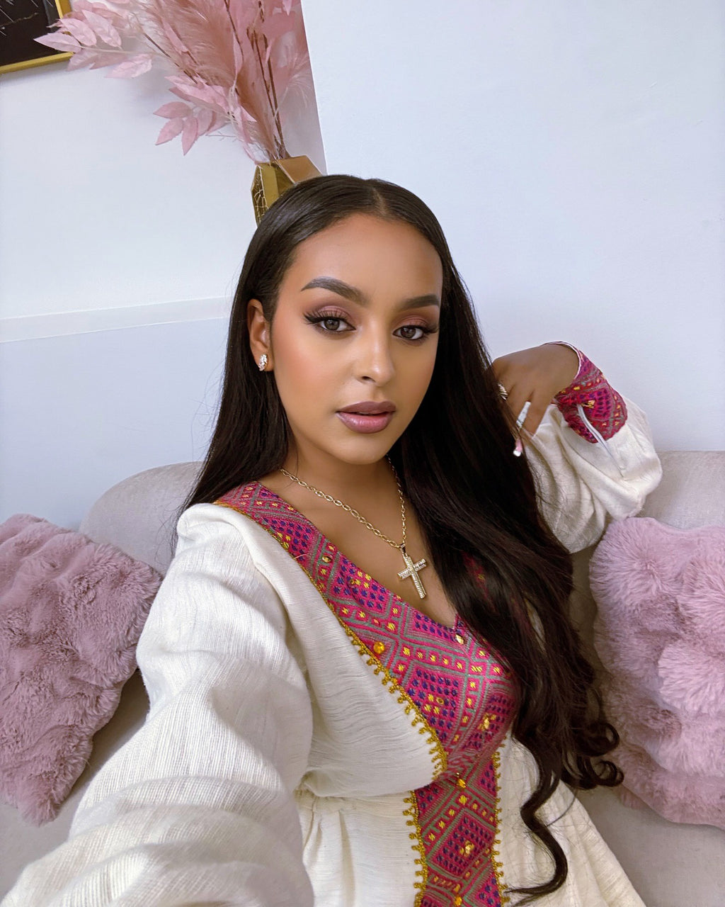 ABLAKAT PINK AND GOLD EMBROIDERY HABESHA KEMIS | CLASSIC HABESHA DRESS | ETHIOPIAN CLOTHING