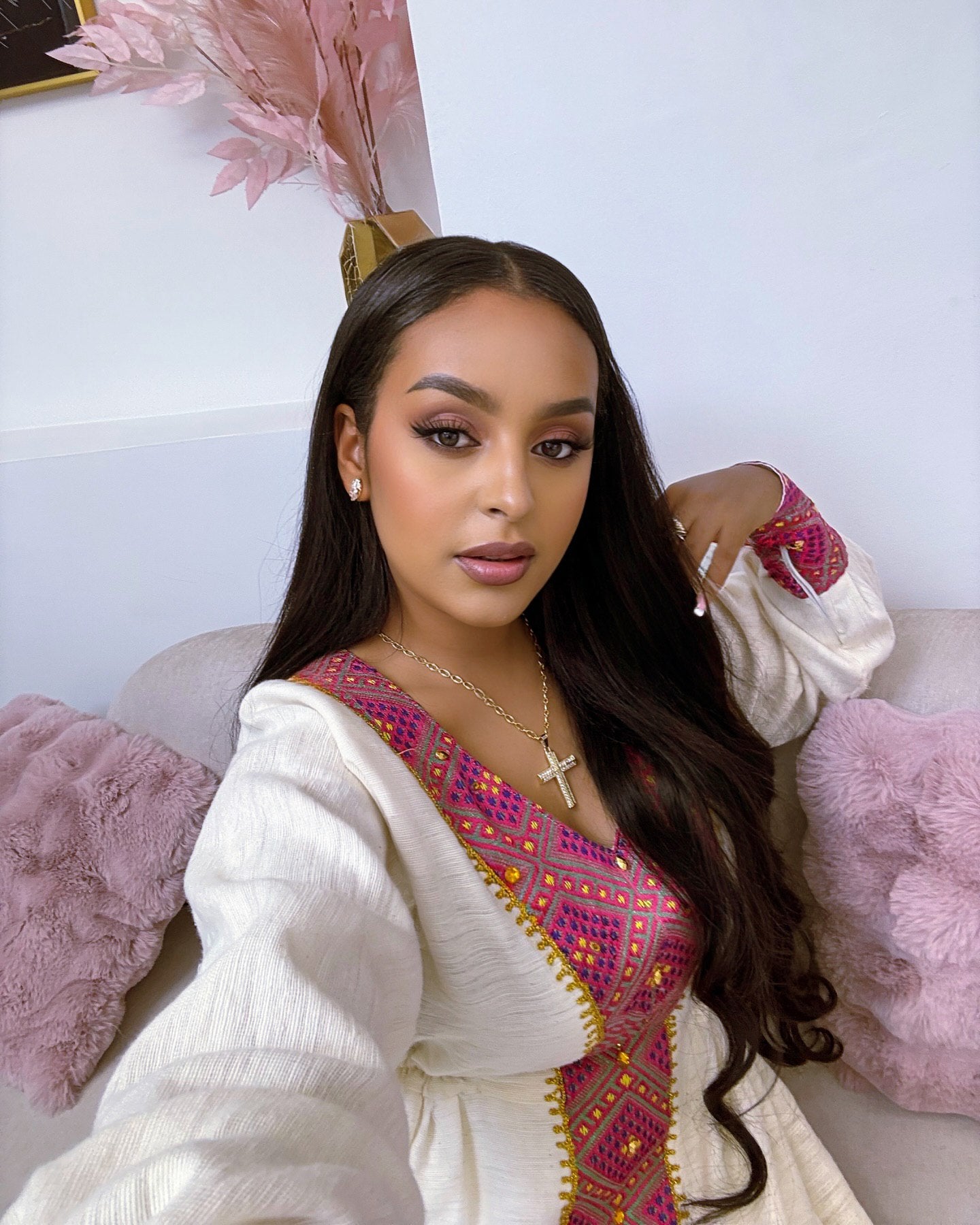 ABLAKAT PINK AND GOLD EMBROIDERY HABESHA KEMIS | CLASSIC HABESHA DRESS | ETHIOPIAN CLOTHING