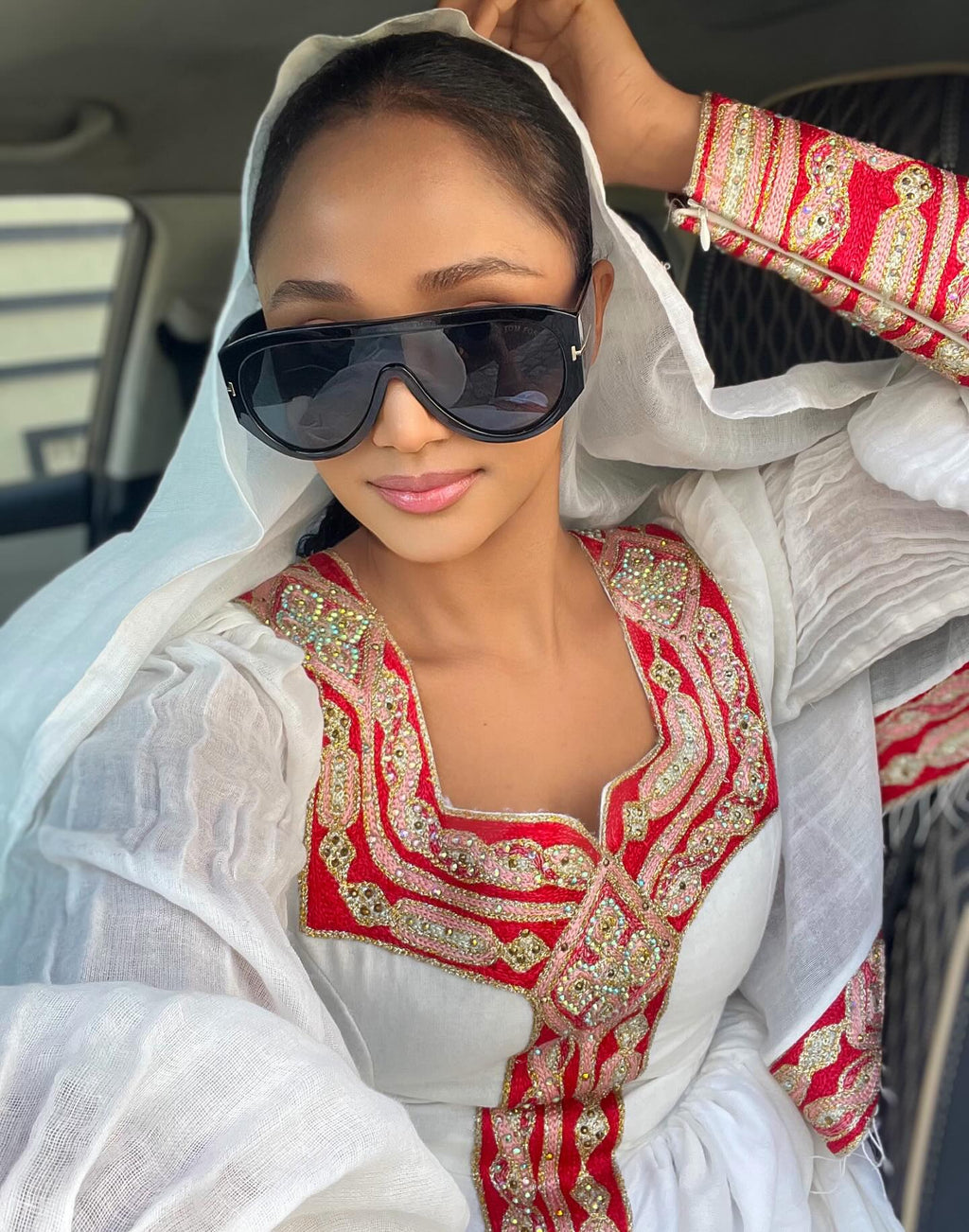 WUBRIST WHITE & RED EMBROIDERED ETHIOPIAN CLOTHING | LONG SLEEVE HABESHA DRESS | TIMELESS HABESHA KEMIS