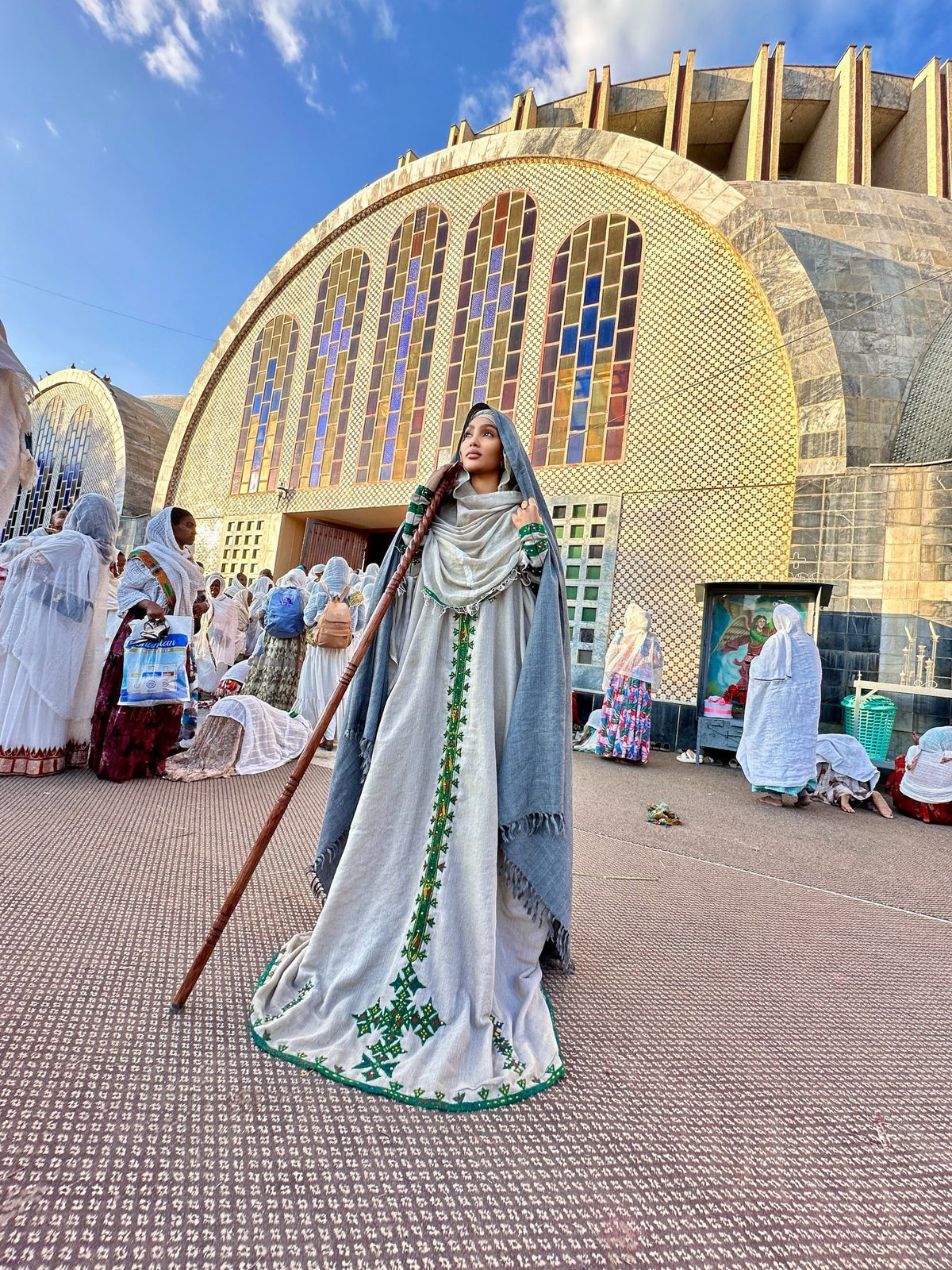 ELU TRADITIONAL HABESHA KEMIS | ANCIENT-INSPIRED ETHIOPIAN DRESS | GREEN AND GREY HABESHA KEMIS