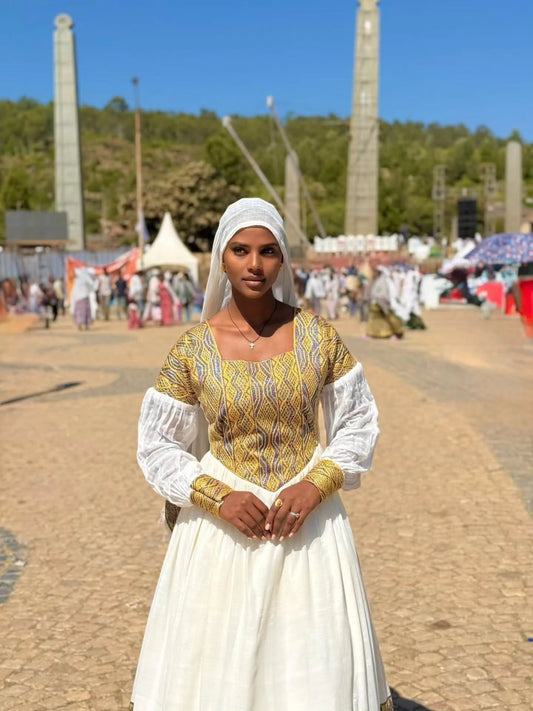 HABESHA KEMIS ROYAL TEXTURE HABESHA DRESS WITH ARTISAN DETAIL