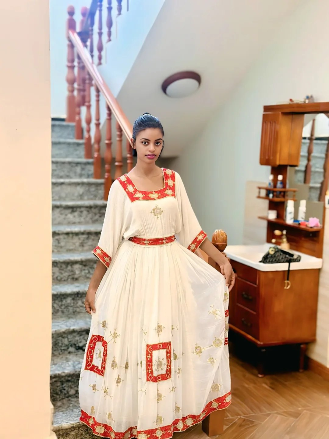HEBRON RED EMBROIDERY HABESHA DRESS | ETHIOPIAN TRADITIONAL DRESS | HANDWOVEN HABESHA KEMIS
