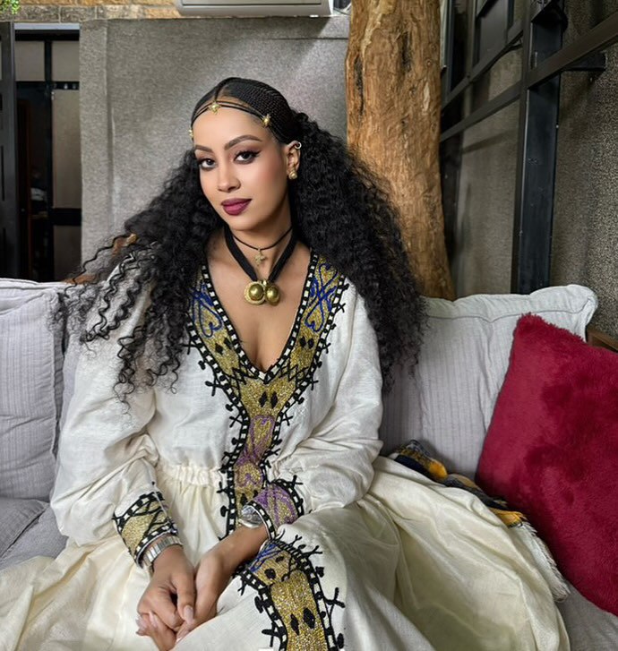 ELENI BLACK AND GOLD EMBROIDERY HABESHA KEMIS | ETHIOPIAN CLOTHING FOR EVENT | CLASSIC HABESHA DRESS