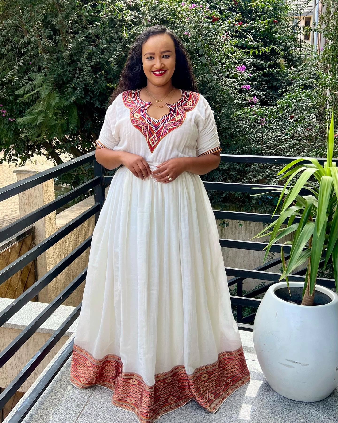 SOFIYA RED AND ORANGE EMBROIDERY HABESHA KEMIS | ETHIOPIAN TRADITIONAL DRESS | HABESHA DRESS STYLE