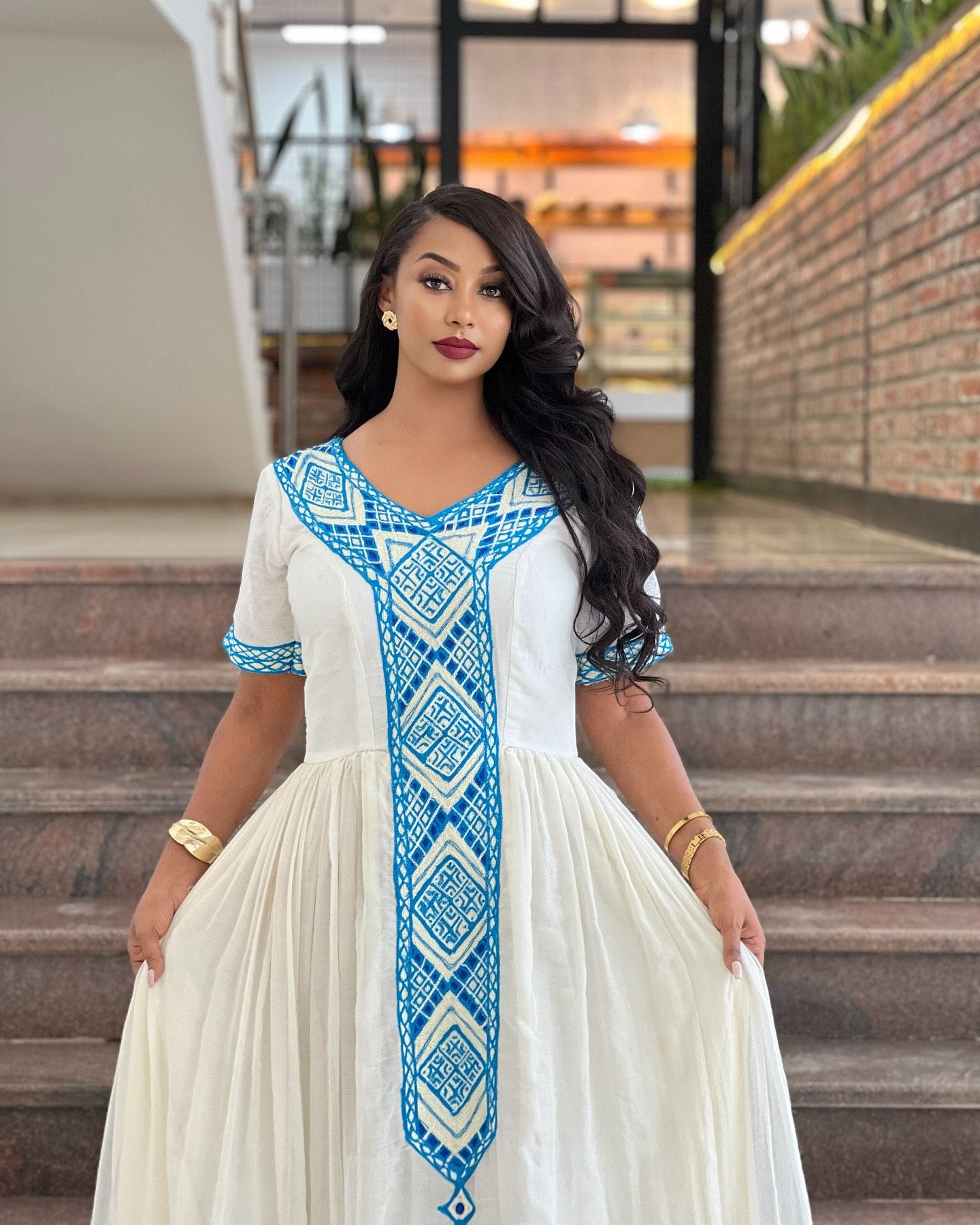 NAOMI BLUE CROSS EMBROIDERY HABESHA DRESS | ETHIOPIAN TRADITIONAL DRESS | SHORT SLEEVE HABESHA KEMIS