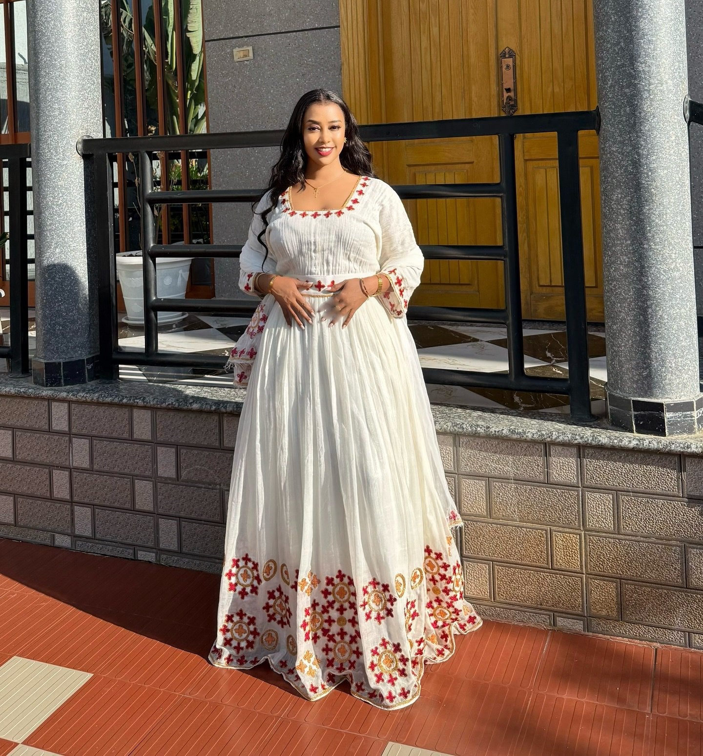 MIKAELA RED AND GOLD HABESHA DRESS | CROSS PATTERN HABESHA KEMIS | STYLISH ETHIOPIAN CLOTHING