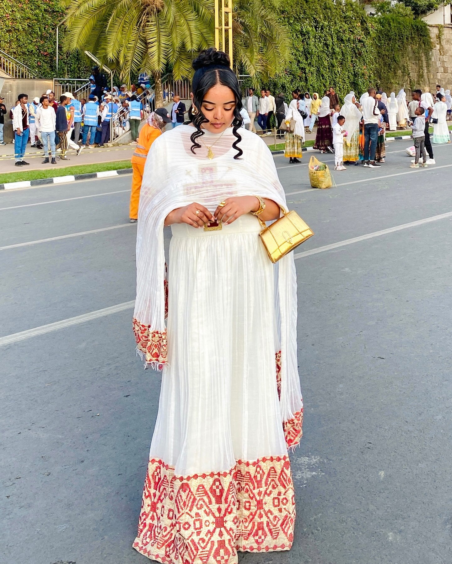 ZENEBU SHORT SLEEVE HABESHA DRESS | AUTHENTIC TRADITIONAL ETHIOPIAN CLOTHING | GOLD AND RED WOVEN HABESHA KEMIS