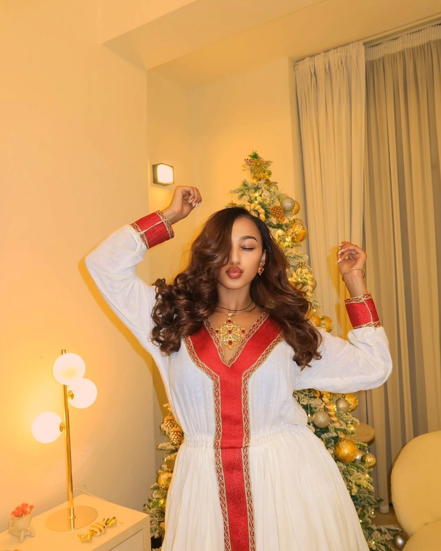 AYEL LONG SLEEVE HABESHA DRESS | RED WOVEN DETAIL HABESHA KEMIS | ETHIOPIAN DRESS ART