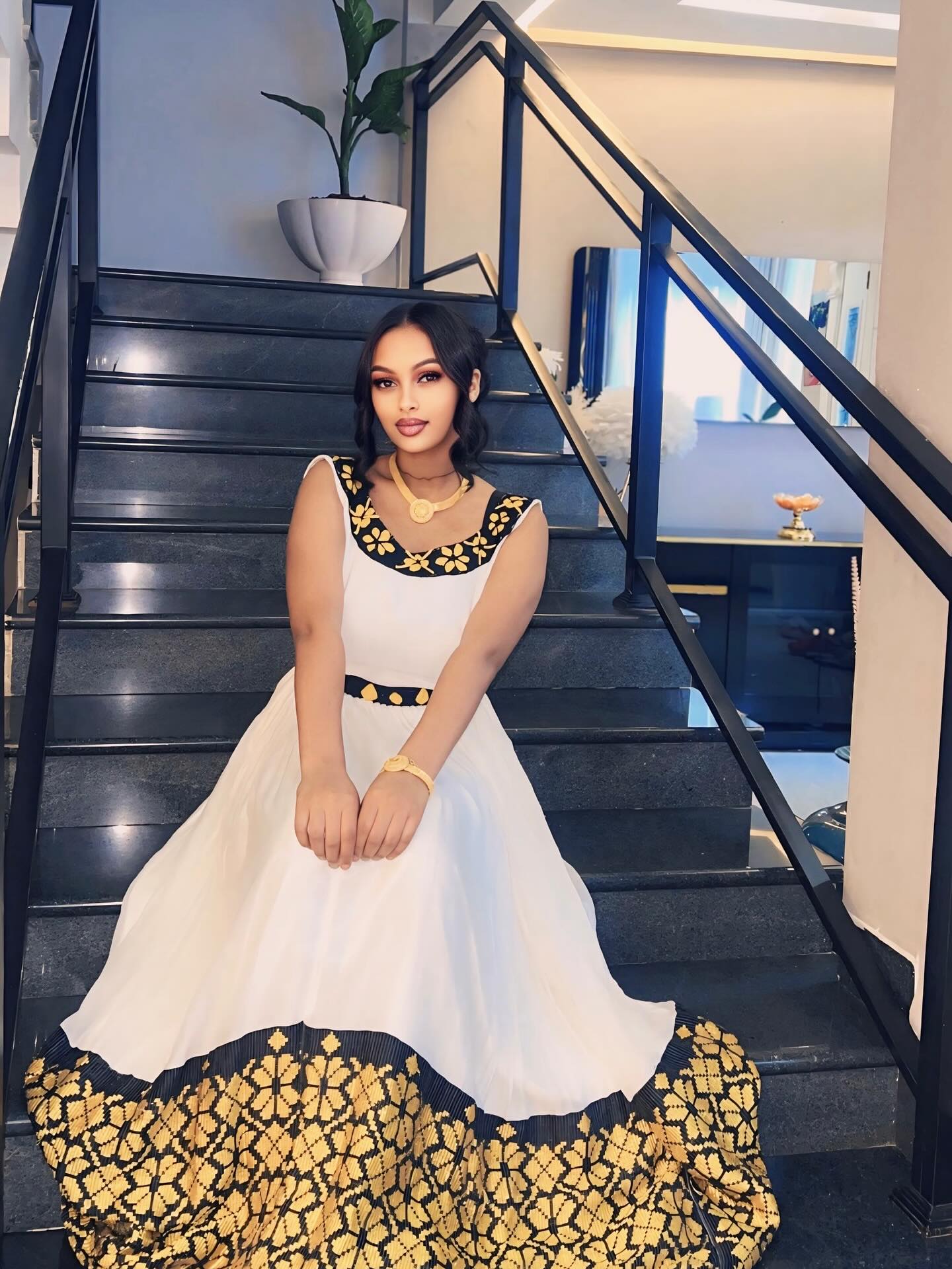 TENAWIT SHORT SLEEVE ETHIOPIAN DRESS | HABESHA DRESS ONLINE | GOLD WOVEN HABESHA KEMIS