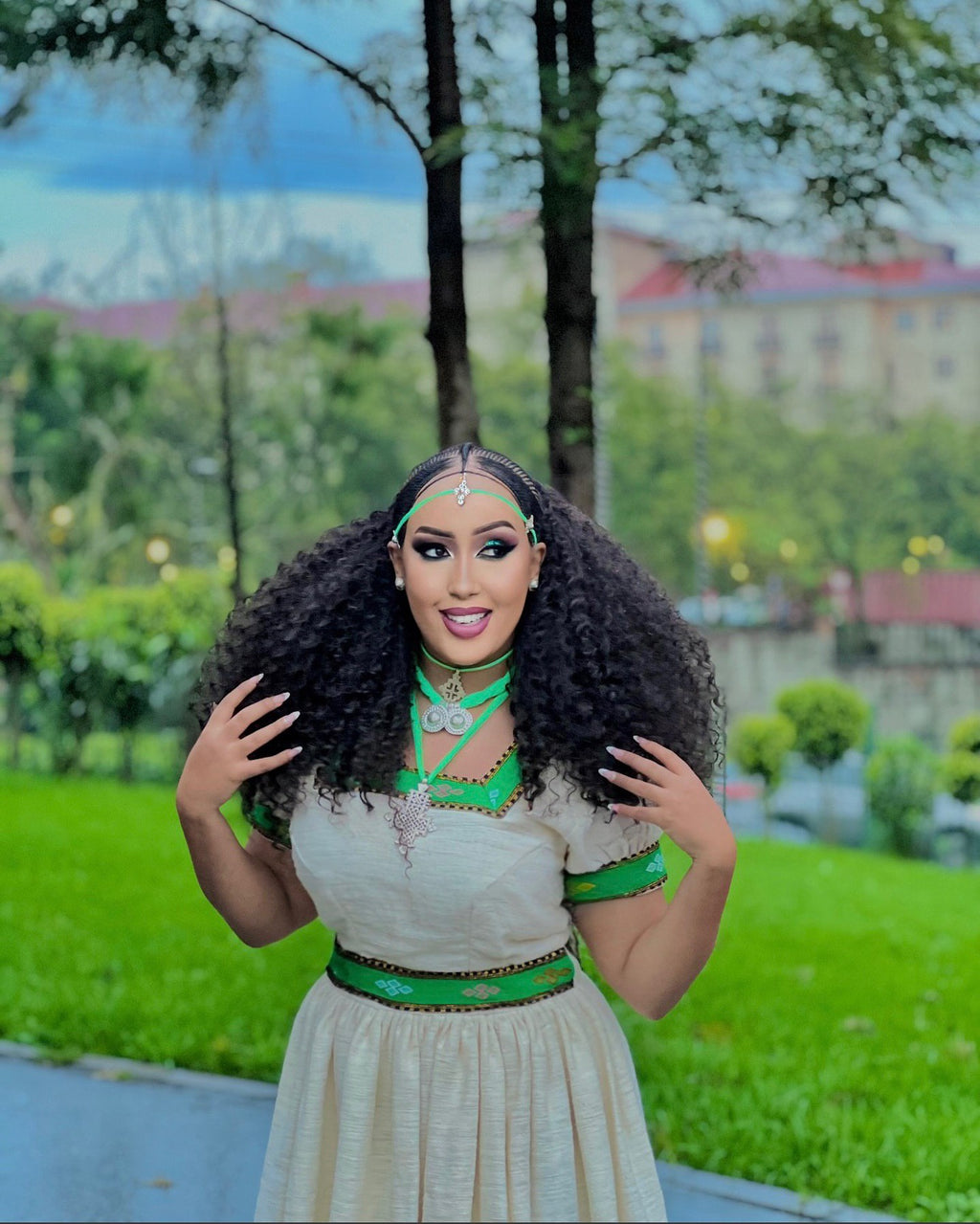 LISH SHORT SLEEVE HABESHA DRESS | GREEN PATTERN HABESHA KEMIS | ETHIOPIAN TRADITIONAL DRESS STYLE