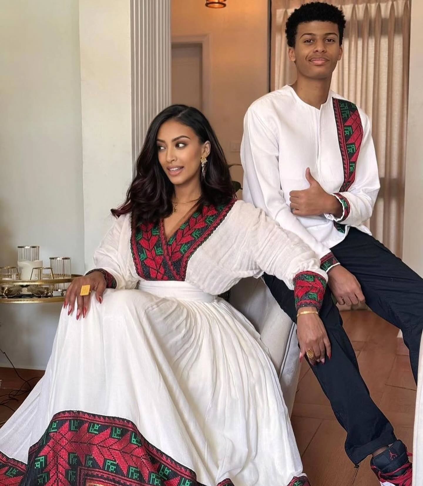 HALLELUYA MATCHING HABESHA COUPLE OUTFIT | RED WOMEN’S DRESS AND MEN’S TRADITIONAL SHIRT | ETHIOPIAN COUPLE FIT