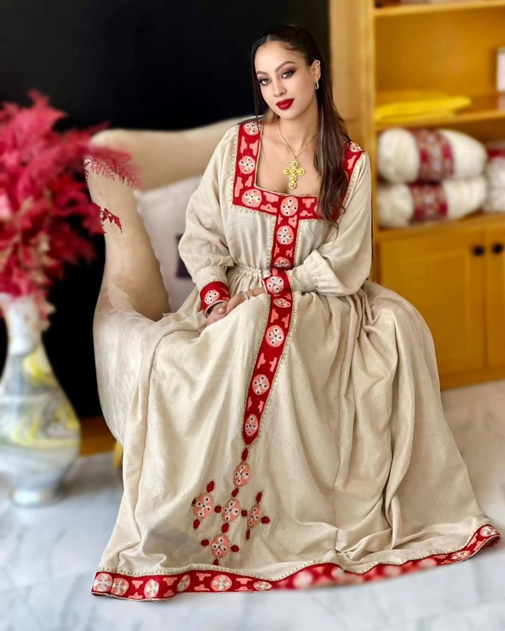 NEBU RED WOVEN ETHIOPIAN CLOTHING | LONG SLEEVE HABESHA KEMIS | TRADITIONAL HABESHA DRESS FOR CULTURAL CELEBRATIONS
