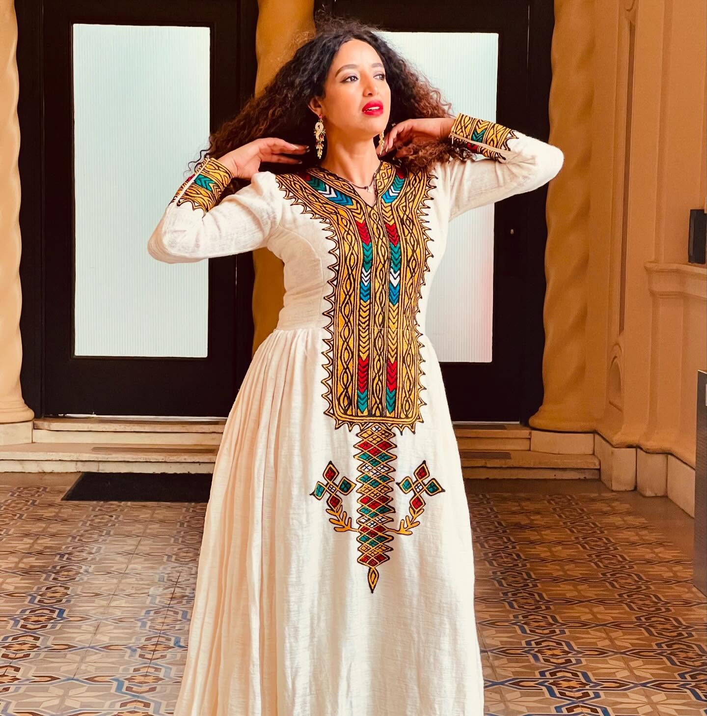 DADU MULTICOLOR ETHIOPIAN DRESS | LONG SLEEVE HABESHA KEMIS | DESIGNED AS A CLASSIC HABESHA DRESS