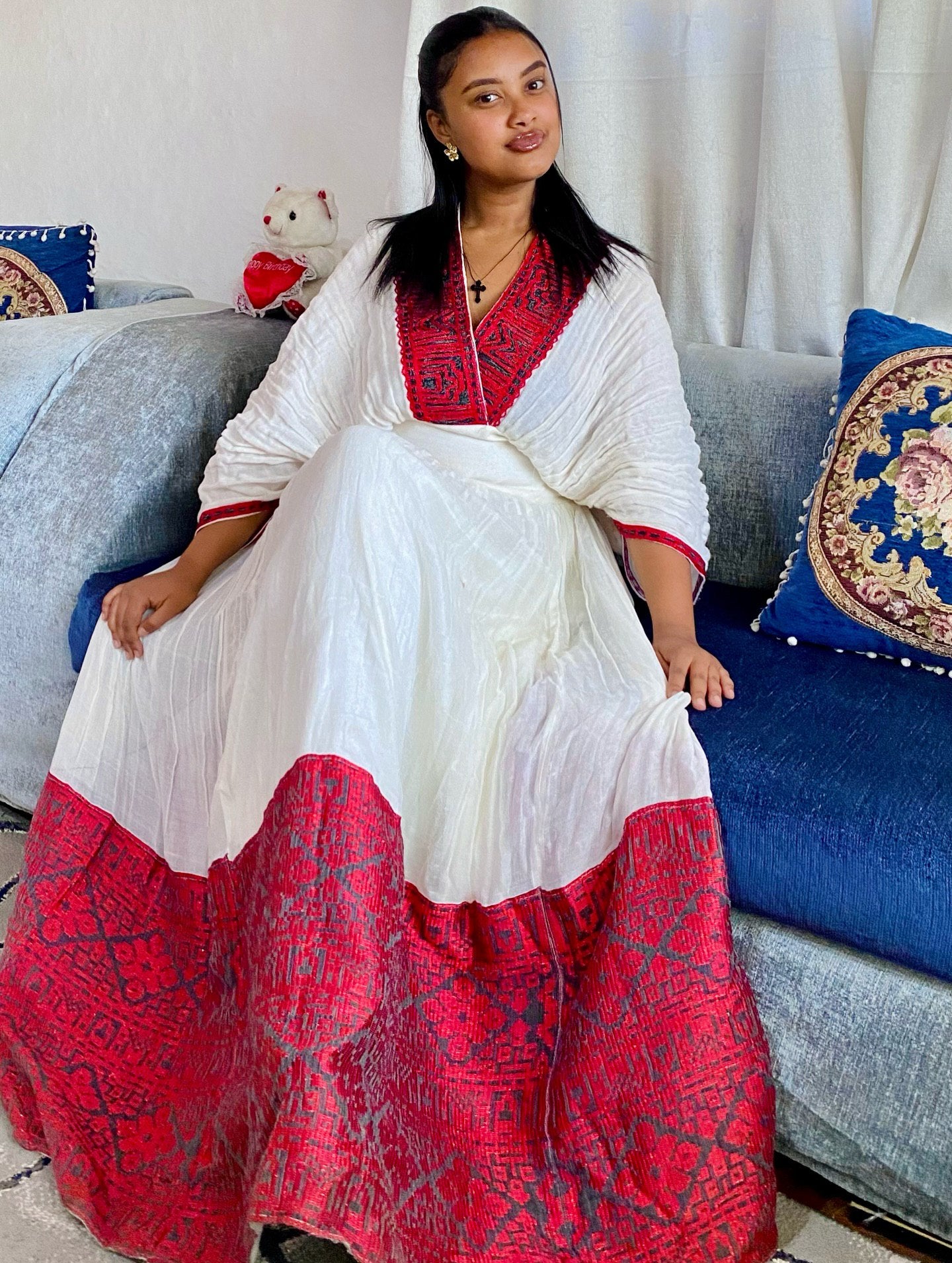 HABU AUTHENTIC RED WOVEN HABESHA KEMIS | TRADITIONAL ETHIOPIAN DRESS | V-NECKLINE HABESHA DRESS