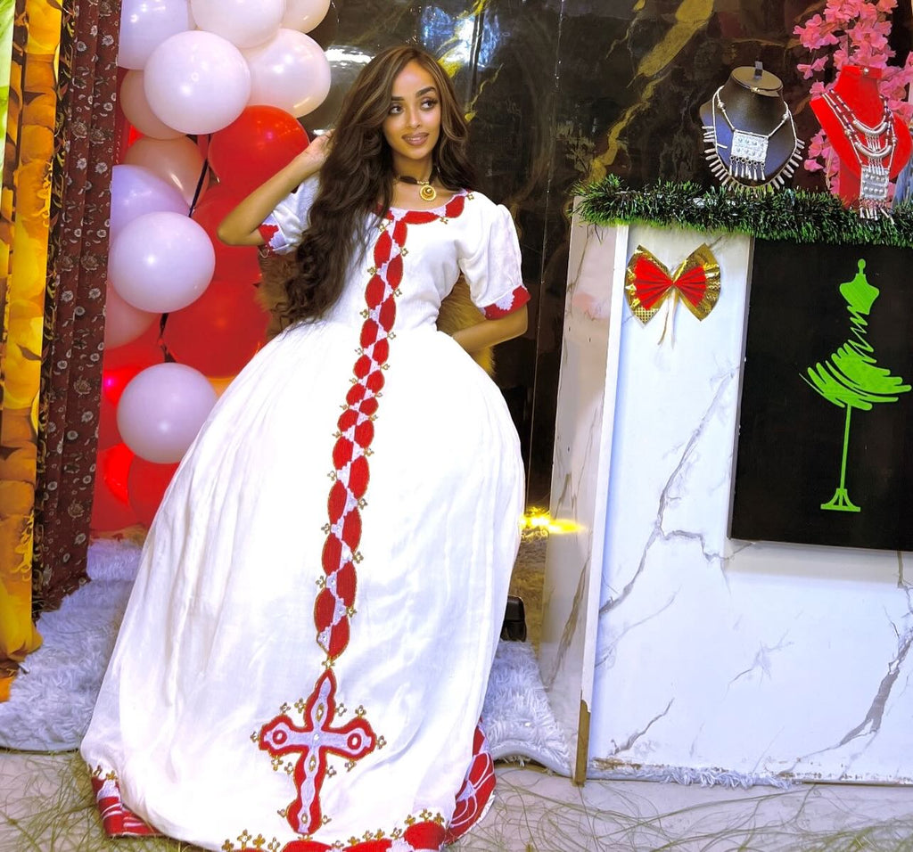 ANAYE SHORT SLEEVE HABESHA DRESS STYLE | RED WOVEN HABESHA KEMIS & ETHIOPIAN TRADITIONAL DRESS