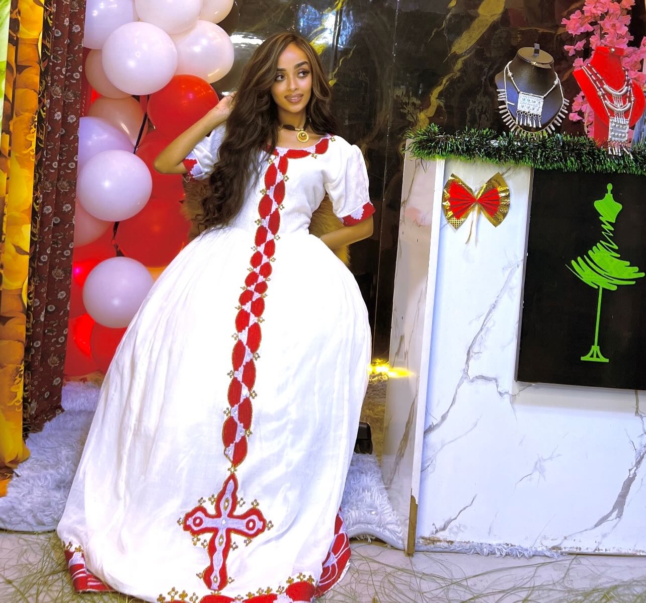 ANAYE SHORT SLEEVE HABESHA DRESS STYLE | RED WOVEN HABESHA KEMIS & ETHIOPIAN TRADITIONAL DRESS