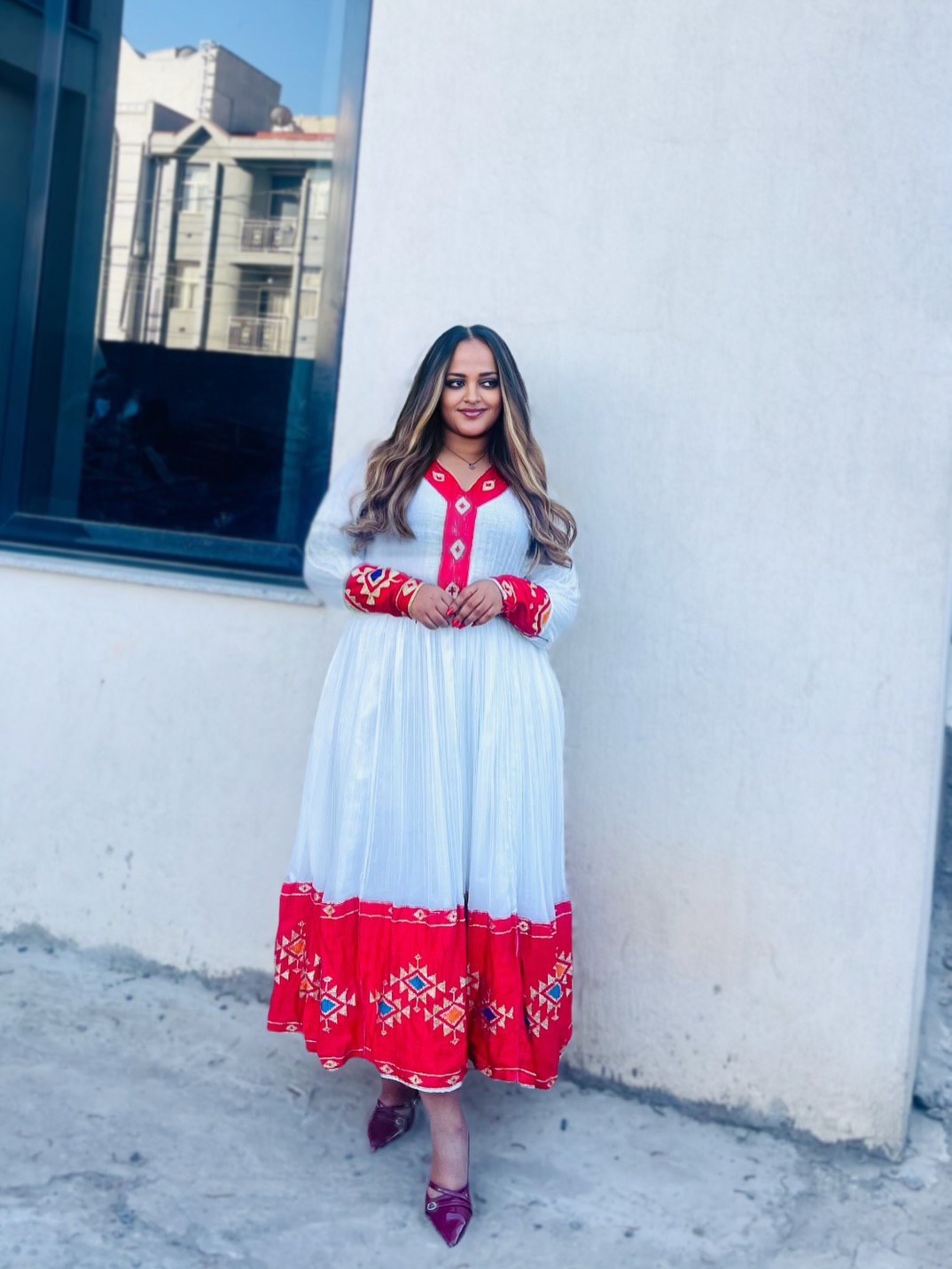 MEKLITNESH TRADITIONAL LONG SLEEVE HABESHA KEMIS | RED WOVEN DESIGN HABESHA DRESS | CULTURAL ETHIOPIAN DRESS