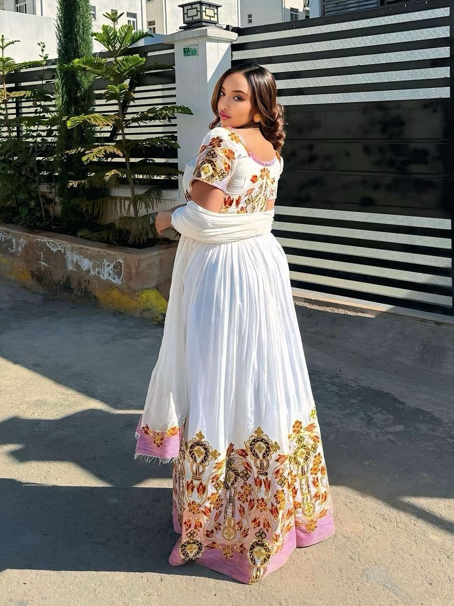 MISLE COLORFUL ETHIOPIAN DRESS | SHORT SLEEVE HABESHA KEMIS | TRADITIONAL HABESHA DRESS STYLE