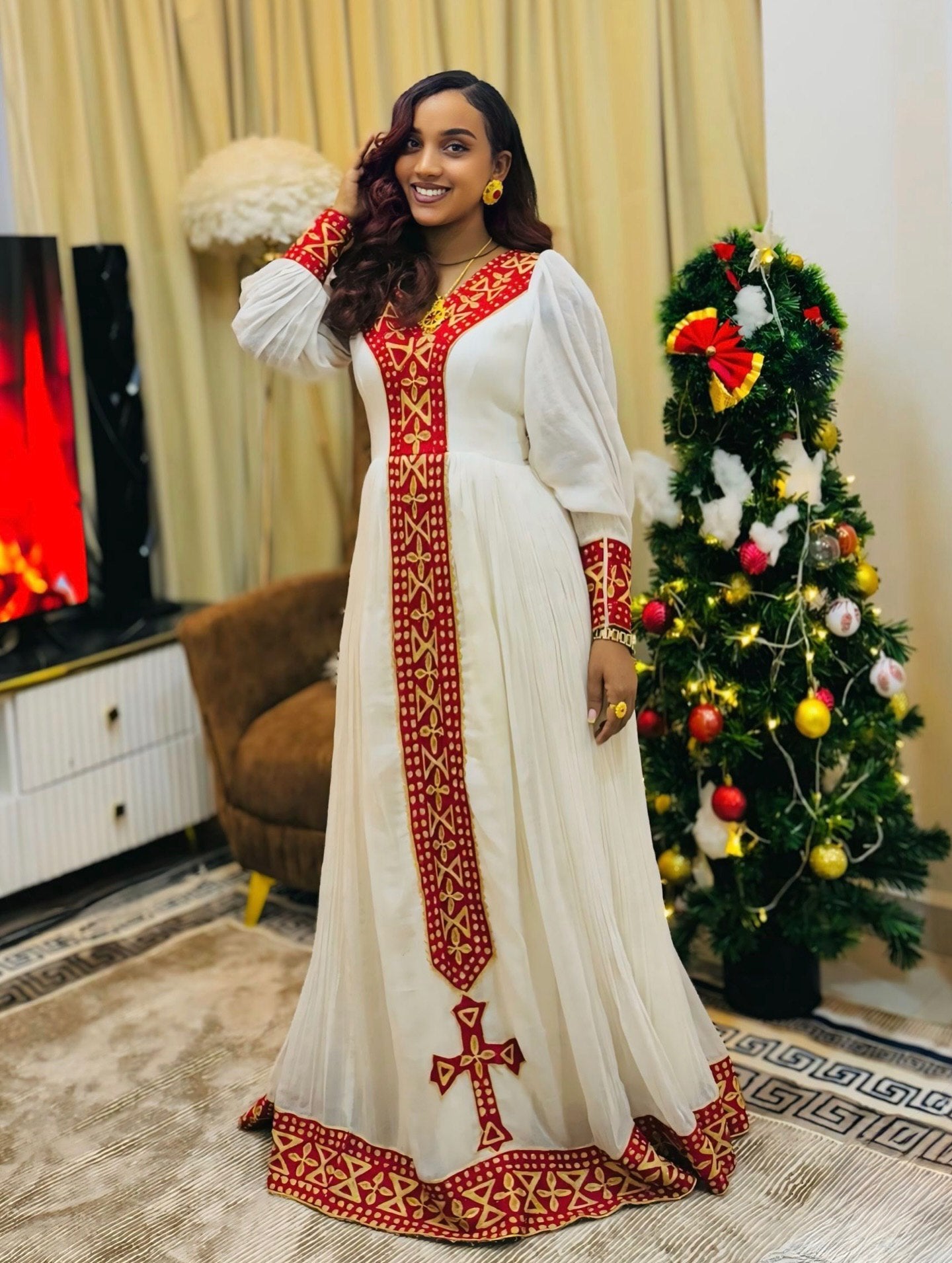 ELEGANT HABESHA DRESS AND HABESHA KEMIS WITH LONG SLEEVES IN AUTHENTIC ETHIOPIAN CLOTHING STYLE
