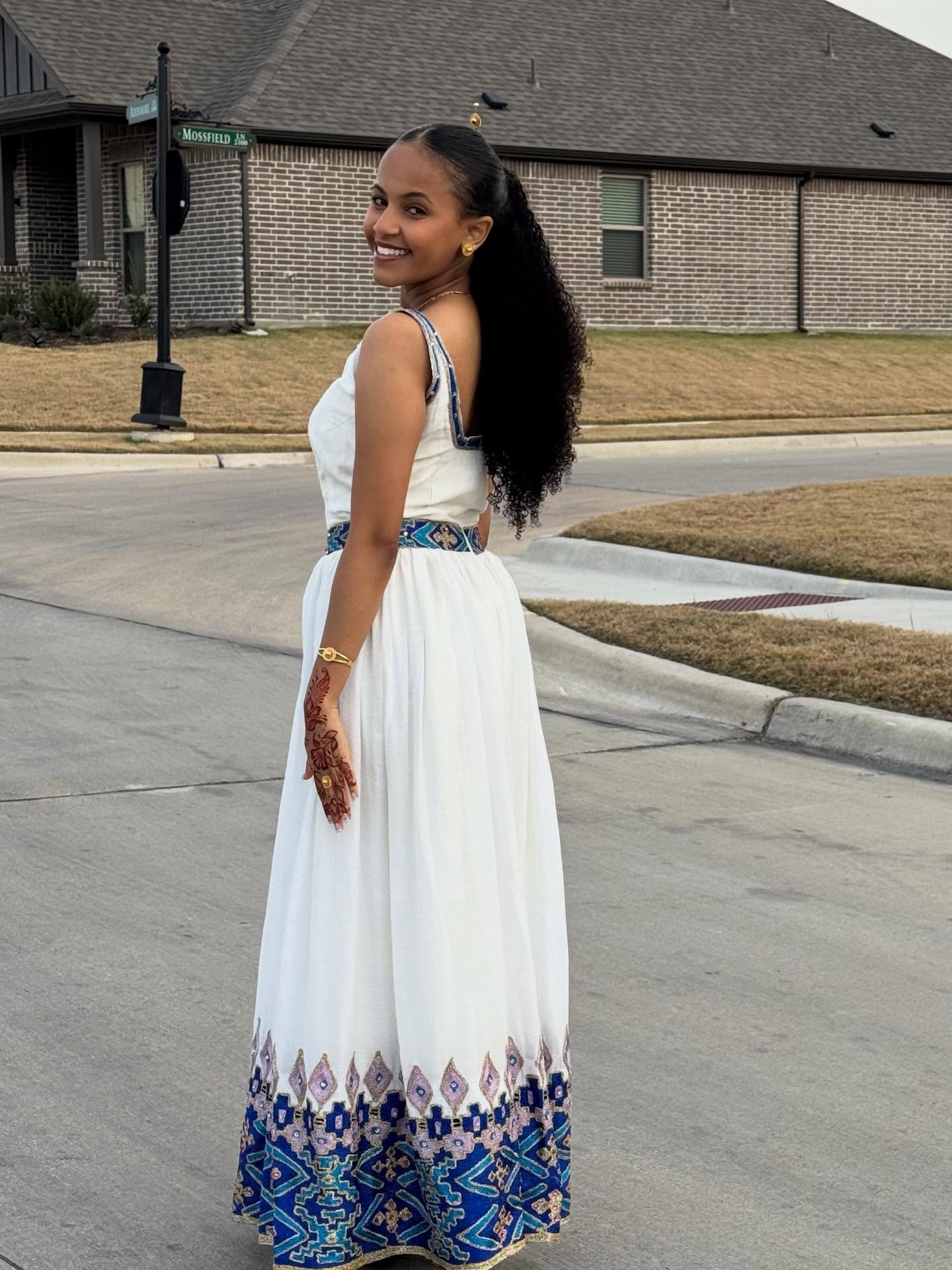 AKALE ETHIOPIAN CLOTHING COLLECTION | SLEEVELESS HABESHA DRESS | BLUE HABESHA KEMIS DESIGN