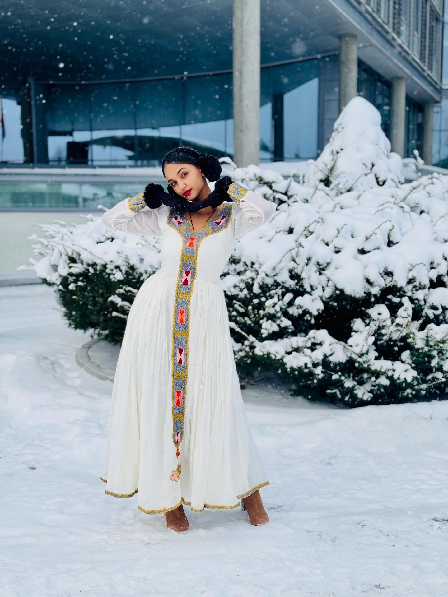 FIFI HABESHA DRESS WITH LONG SLEEVE | MULTICOLOR EMBROIDERY HABESHA KEMIS | TRADITIONAL HABESHA DRESS
