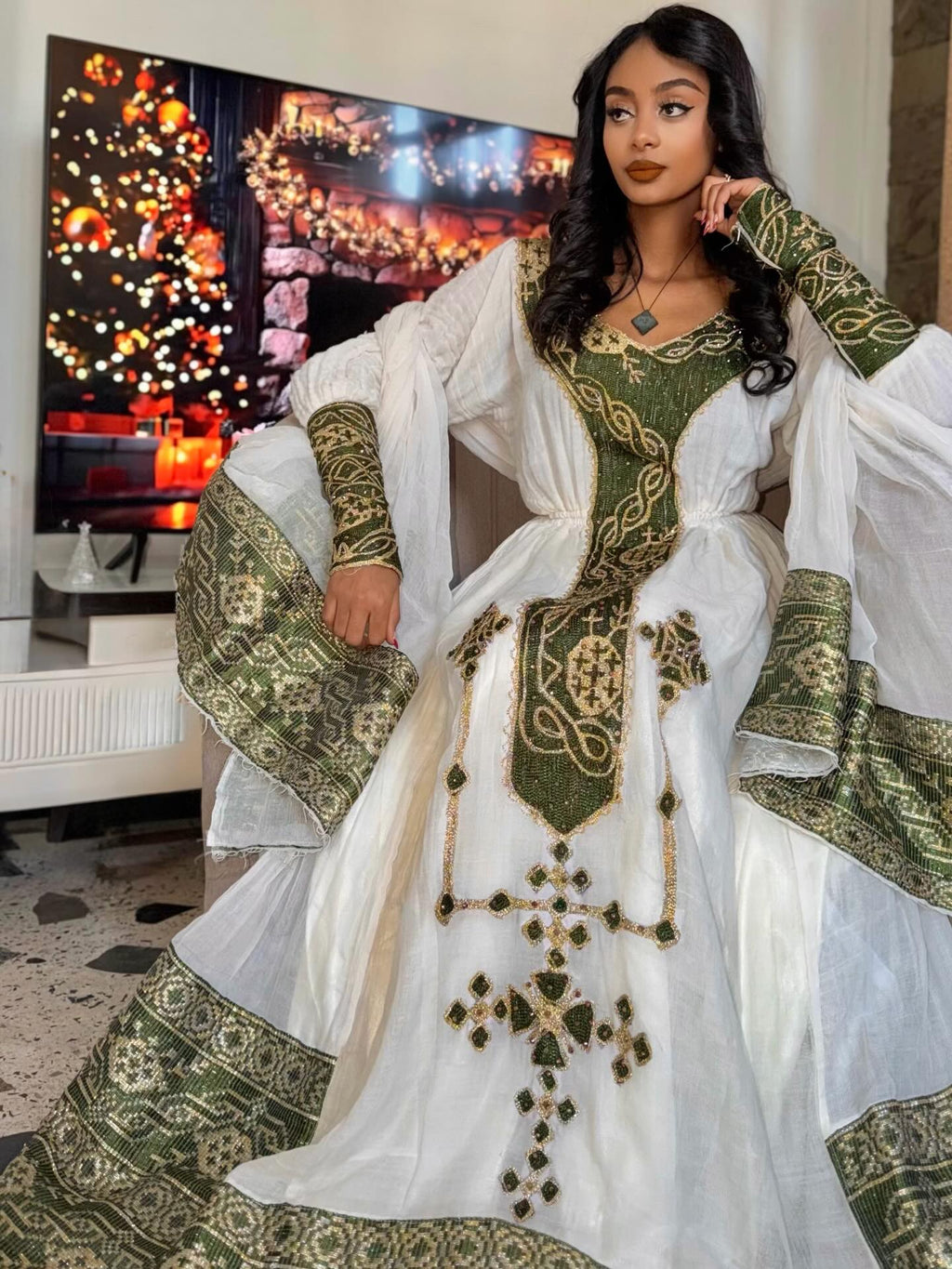 YENU GREEN WOVEN HABESHA KEMIS | HABESHA DRESS FOR FESTIVE | ETHIOPIAN CLOTHING TRADITION