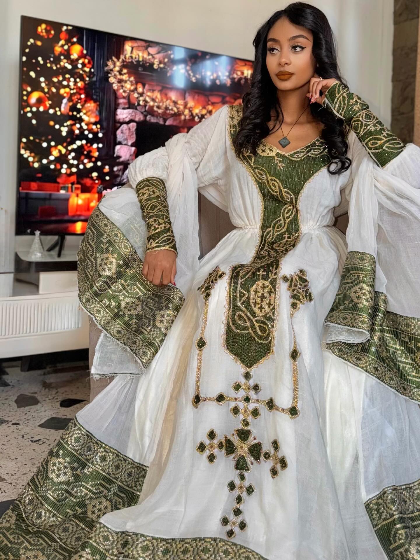 YENU GREEN WOVEN HABESHA KEMIS | HABESHA DRESS FOR FESTIVE | ETHIOPIAN CLOTHING TRADITION