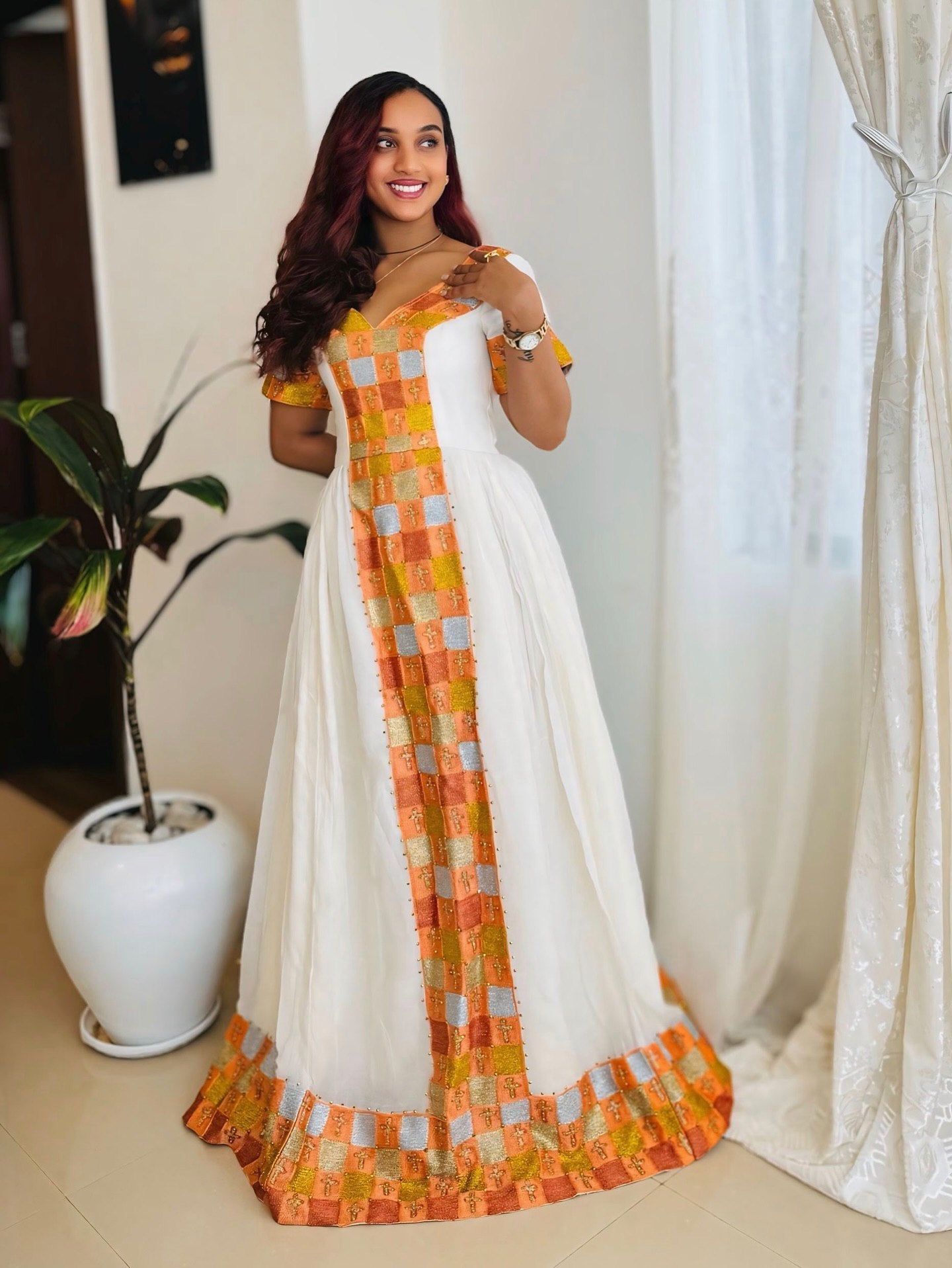 MELKAMIT TRADITIONAL ETHIOPIAN DRESS | SHORT SLEEVE HABESHA DRESS | VIBRANT HABESHA KEMIS