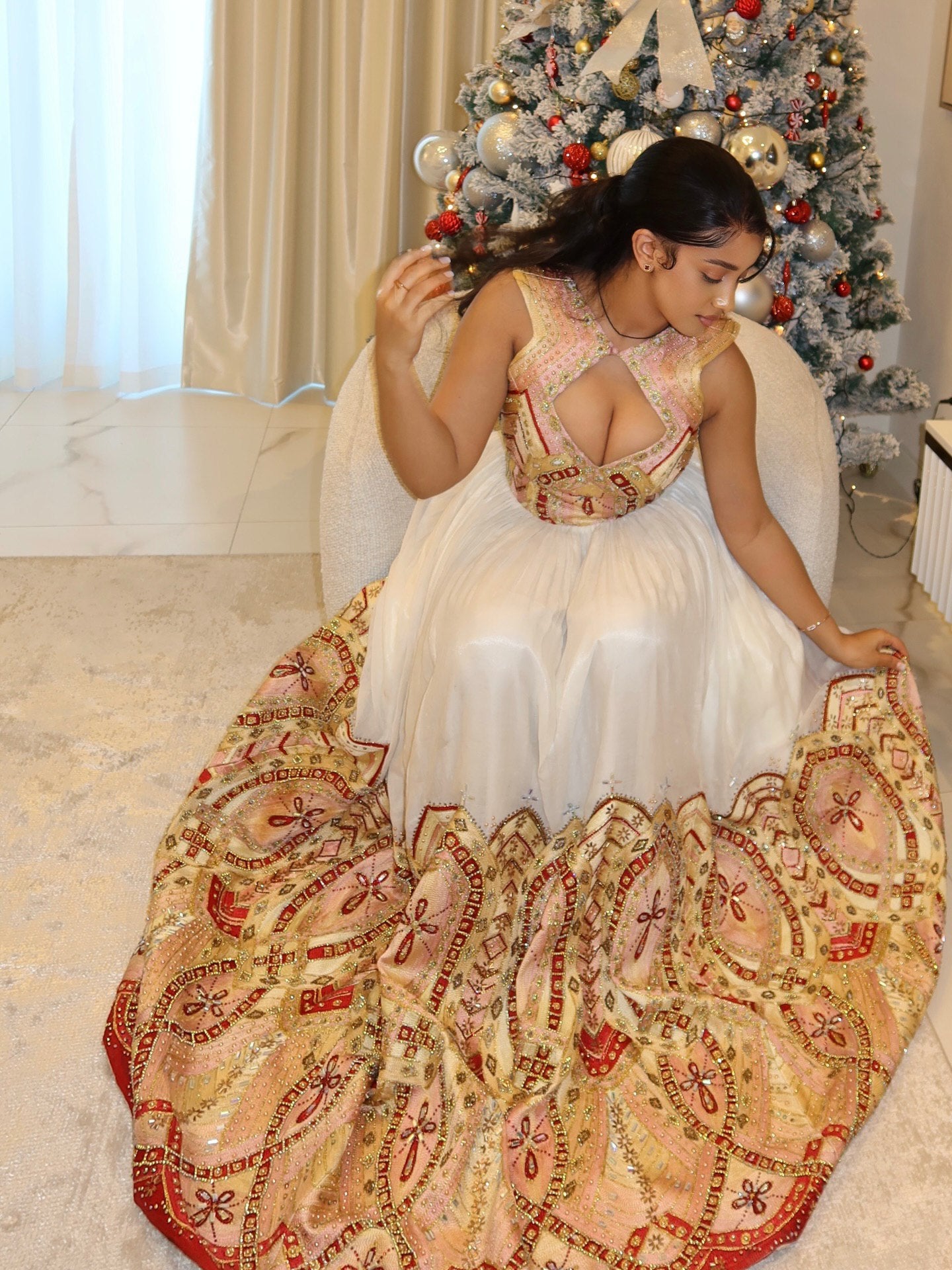 WUBYE LUXURY HIGH NECK ETHIOPIAN WEDDING DRESS | INTRICATE HABESHA KEMIS EMBROIDERY | FULL-LENGTH SKIRT HABESHA DRESS DESIGN