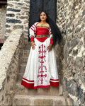 TRADITIONAL WHITE HABESHA KEMIS WITH RED DETAILS – ETHIOPIAN CLOTHING AND HABESHA DRESS FOR WEDDINGS AND CULTURAL EVENTS