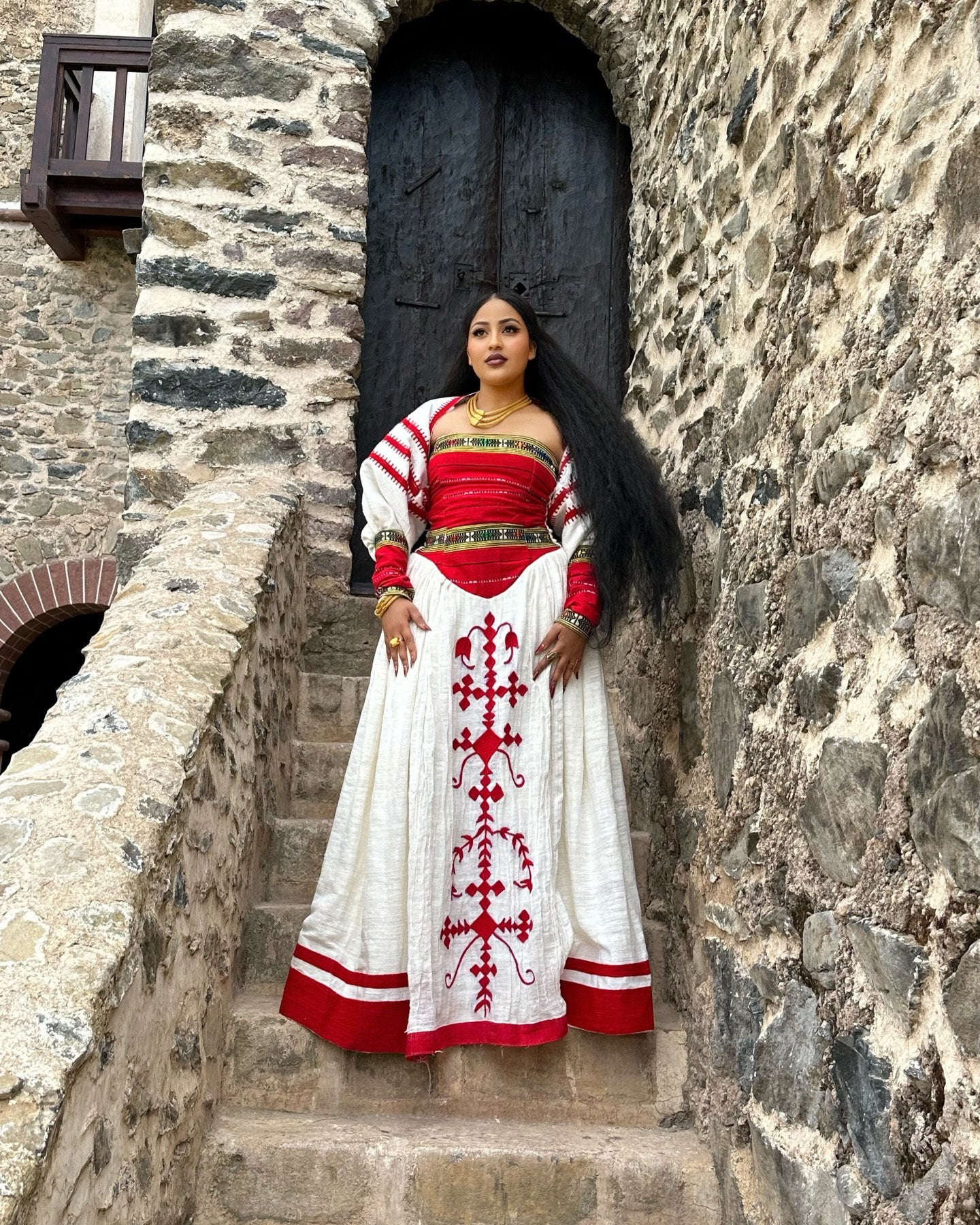 TRADITIONAL WHITE HABESHA KEMIS WITH RED DETAILS – ETHIOPIAN CLOTHING AND HABESHA DRESS FOR WEDDINGS AND CULTURAL EVENTS