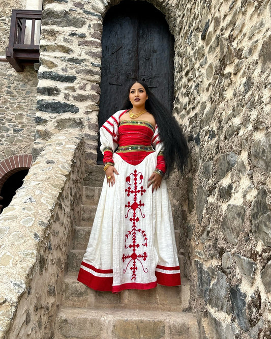 TRADITIONAL WHITE HABESHA KEMIS WITH RED DETAILS – ETHIOPIAN CLOTHING AND HABESHA DRESS FOR WEDDINGS AND CULTURAL EVENTS