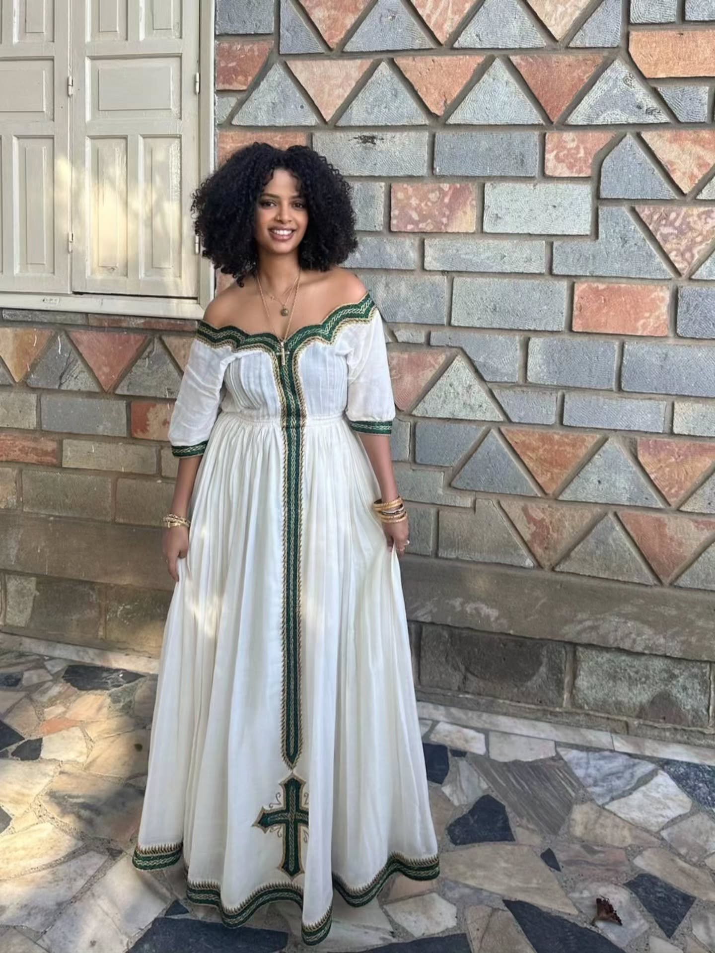 OFF-SHOULDER HABESHA DRESS WITH GREEN EMBROIDERY AND SHORT SLEEVE 