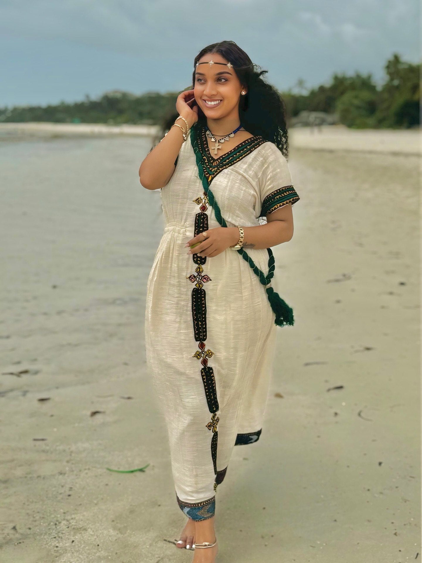 HABESHA KEMIS SHORT SLEEVE HABESHA DRESS WITH BLACK EMBROIDERY AND CROSS DESIGN ETHIOPIAN TRADITIONAL DRESS