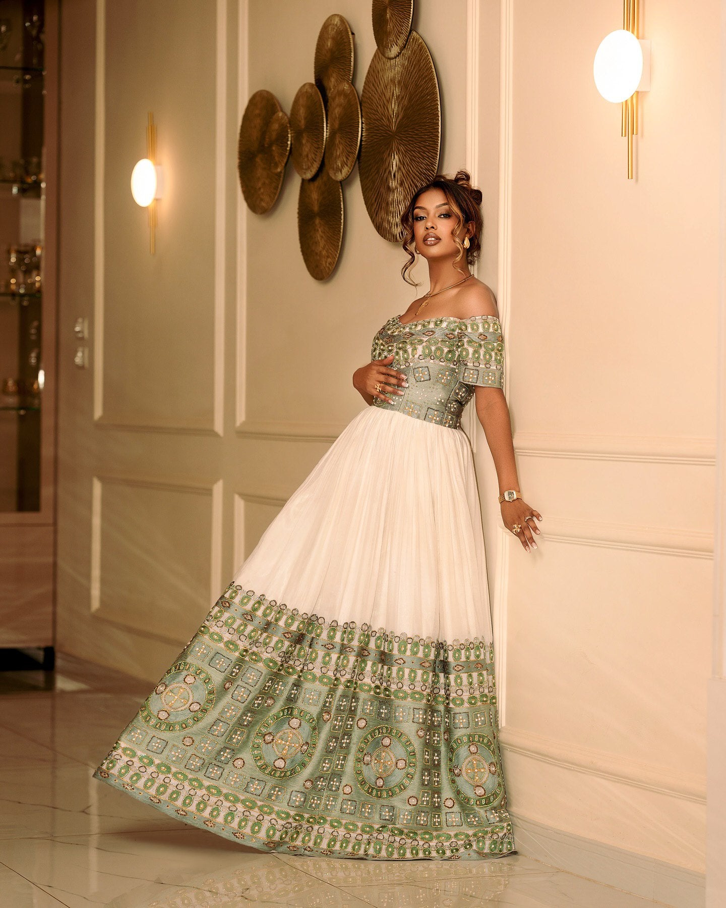 FANTAYE OFF-SHOULDER ETHIOPIAN DRESS | GREEN EMBROIDERY HABESHA KEMIS | ETHIOPIAN WEDDING DRESS