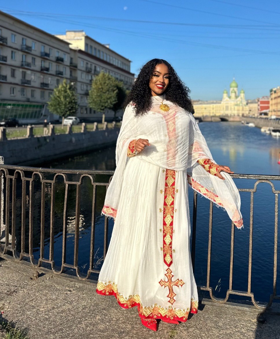 ZERTIHUN RED AND GOLDEN HABESHA KEMIS | HANDWOVEN HABESHA DRESS | TRADITIONAL ETHIOPIAN DRESS AND CULTURE
