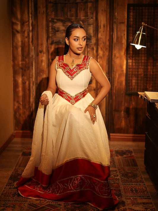 SLEEVELESS HABESHA KEMIS WITH RED AND GOLDEN EMBROIDERY INSPIRED BY ETHIOPIAN 