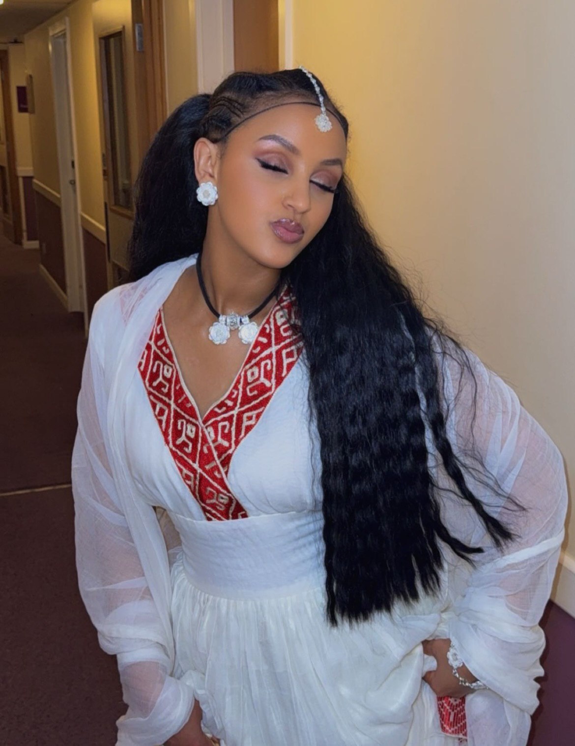 EDOMIYA TRADITIONAL AEATHIOPIAN CLOTHING | HABESHA KEMIS WITH RED WOVEN | SLEEVELESS HABESHA DRESS