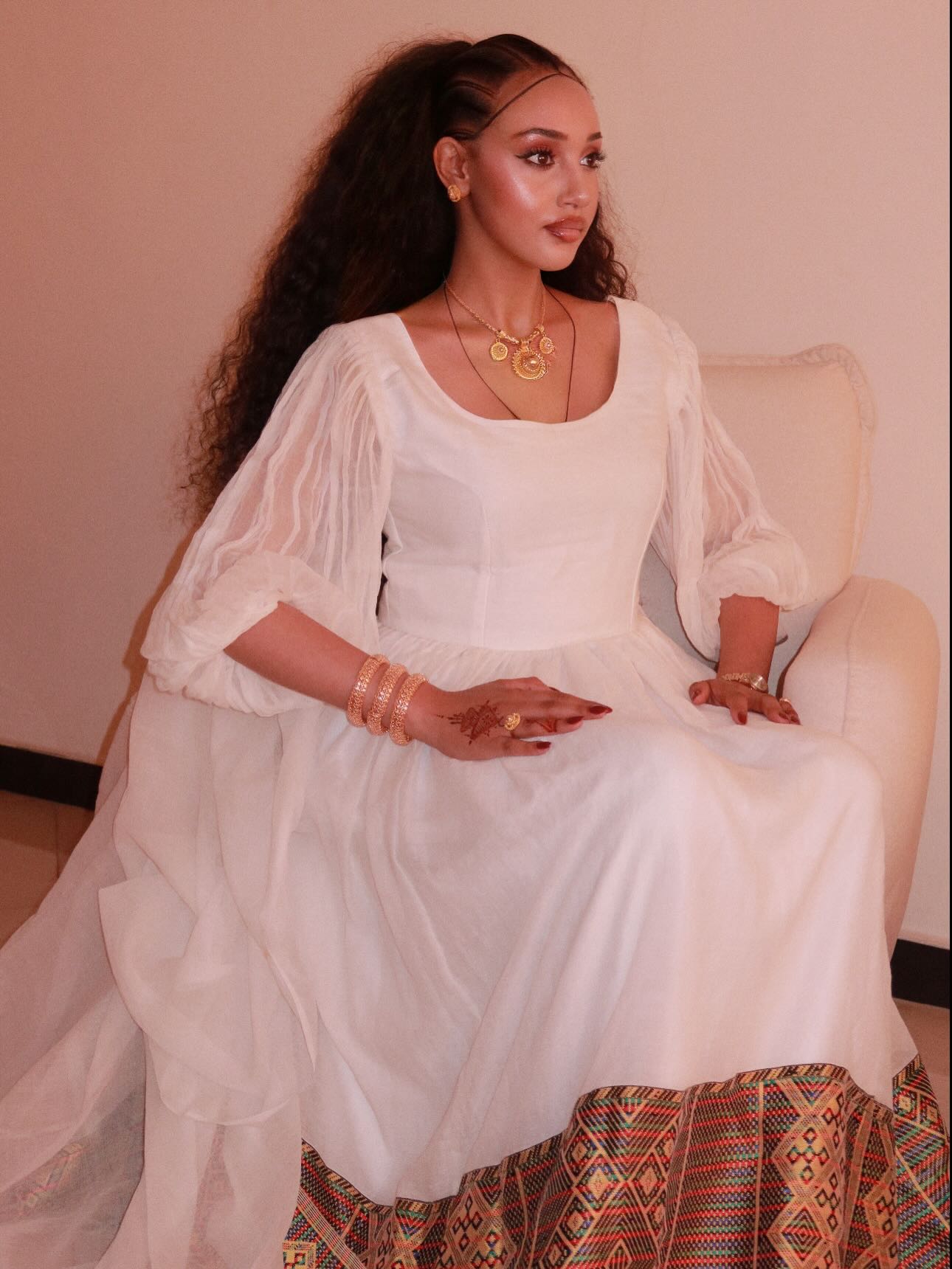 TRUFAT FLOWING LONG-SLEEVE HABESHA KEMIS | COLORFUL WOVEN HEM HABESHA DRESS | INSPIRED BY ETHIOPIAN CLOTHING