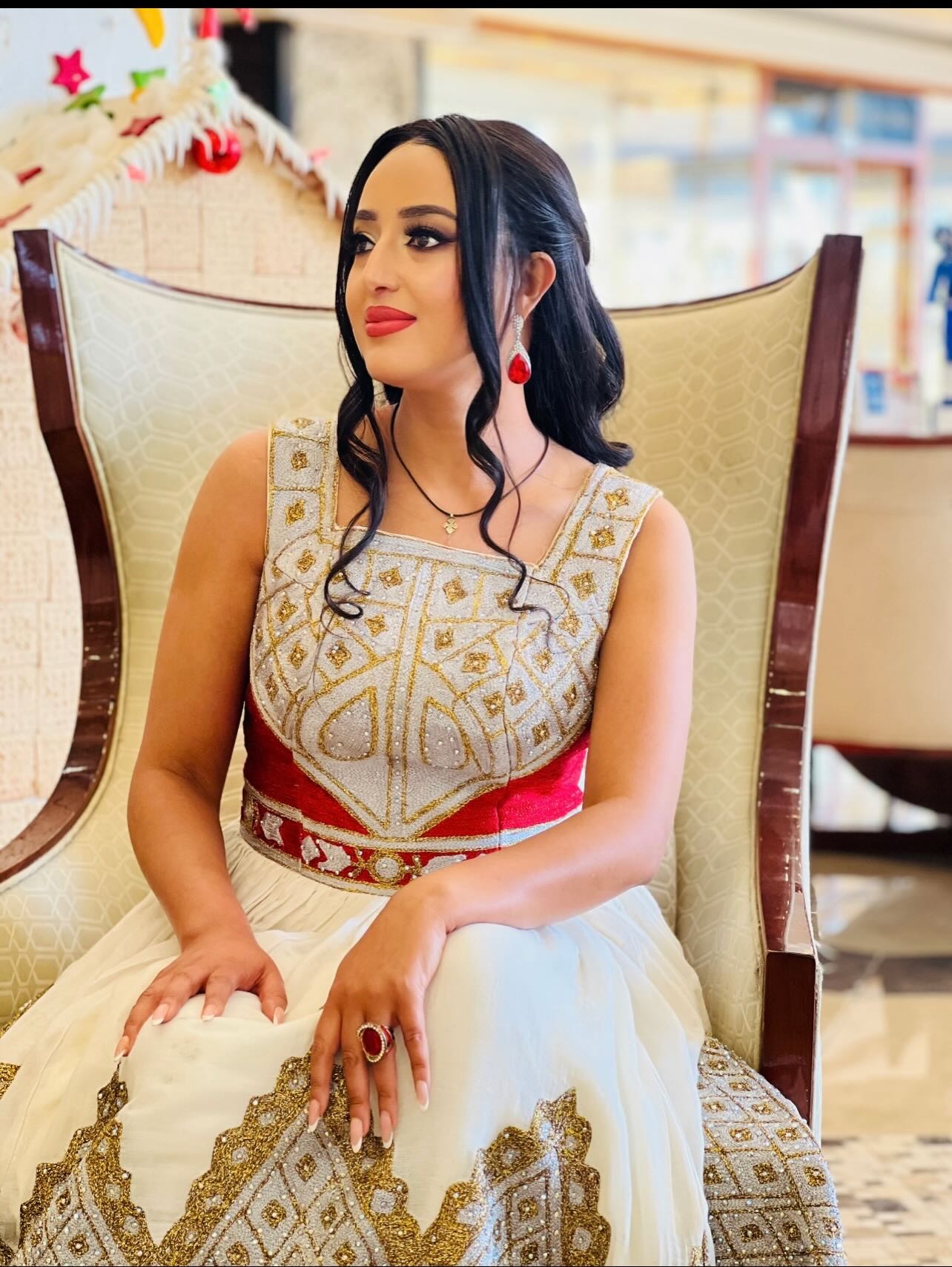 BISRU RED AND WHITE EMBROIDERY HABESHA DRESS | TRADITIONAL ETHIOPIAN WEDDING DRESS | HABESHA KEMIS COLLECTION